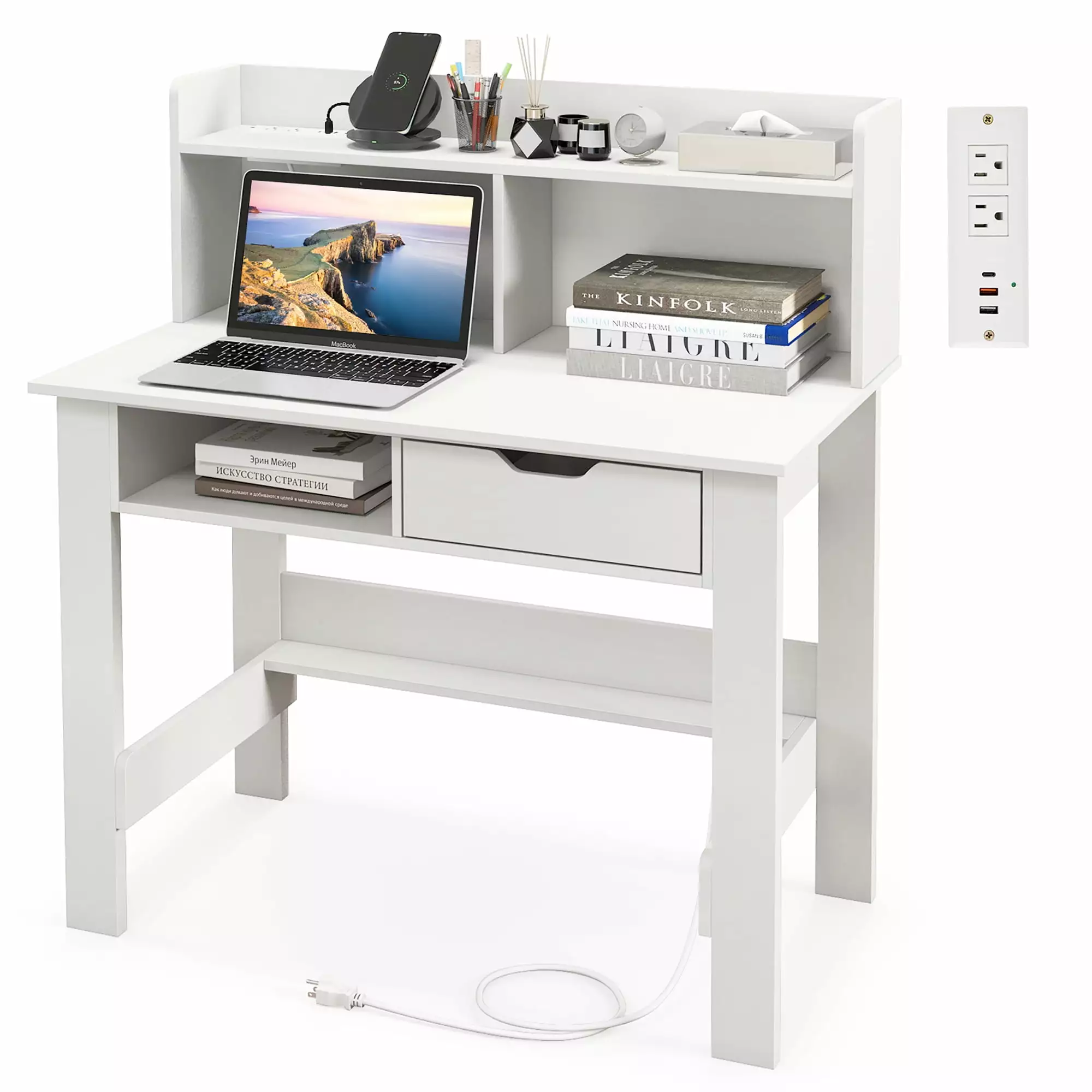 Gymax Computer Desk Power Outlets USB Ports Type-C Study Writing Desk Hutch