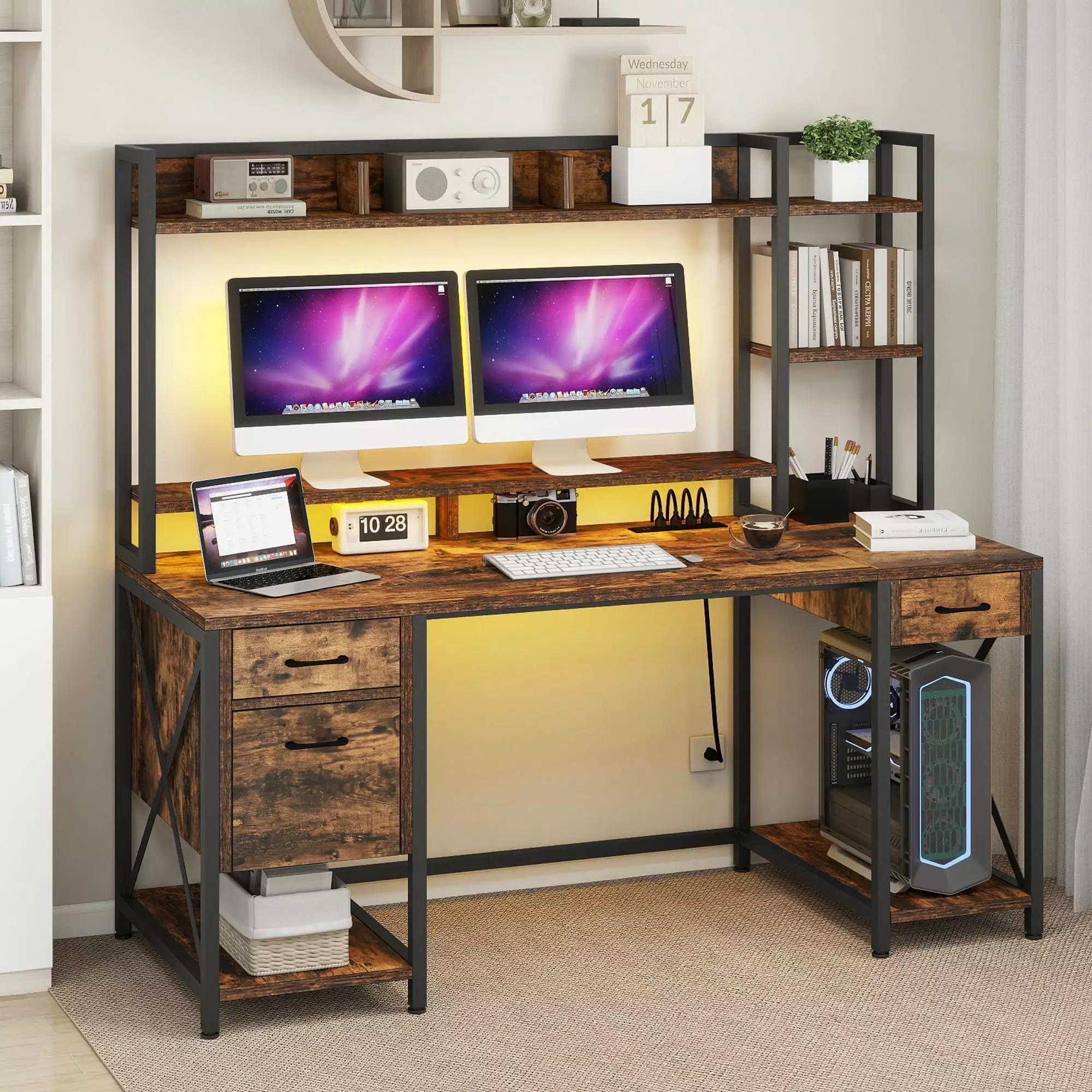 Uforic 59 Computer Desk Power Outlets LED Light Office Gaming Desk Hutch Brown
