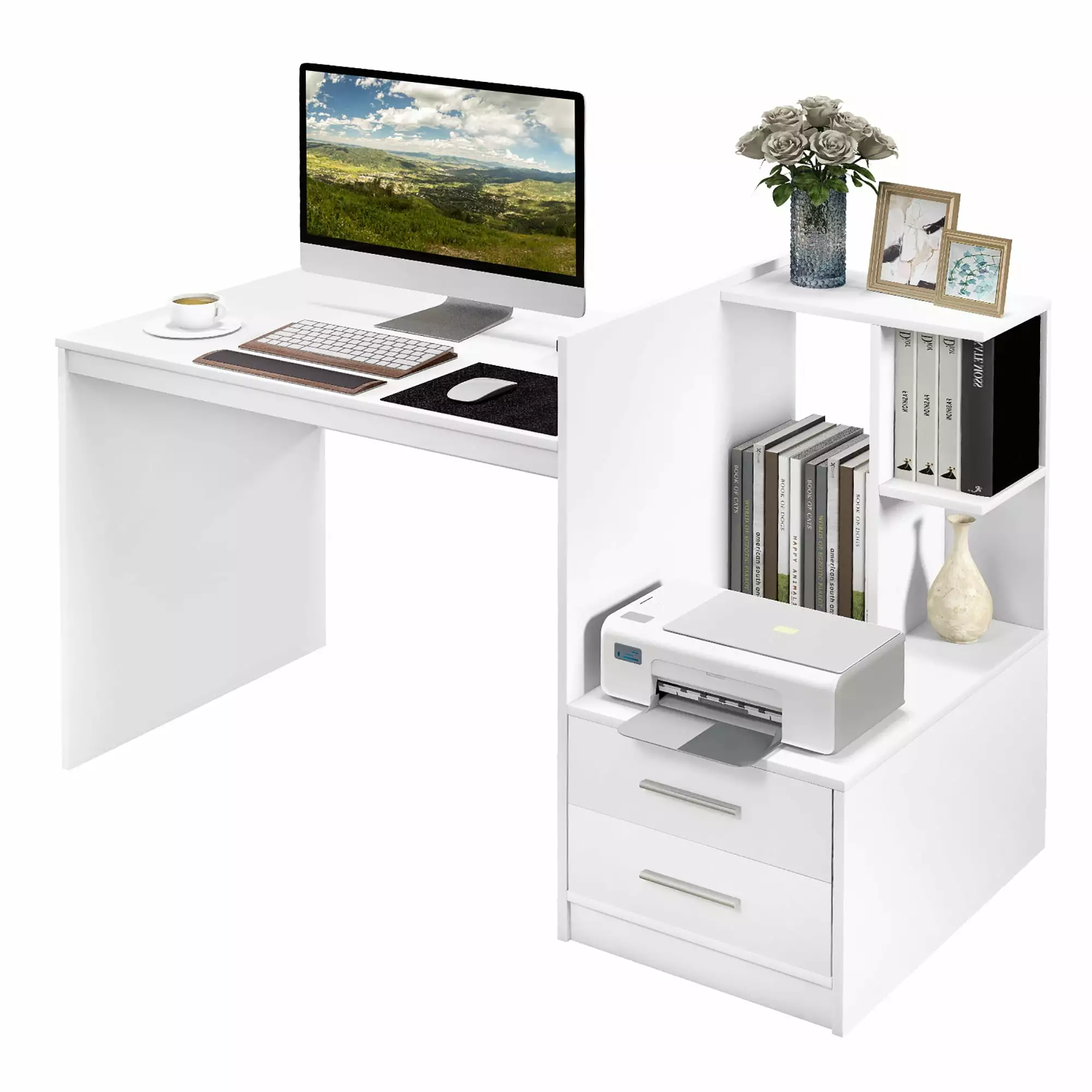 Costway Computer Desk Bookshelf Drawers Writing Study Home Office Desk