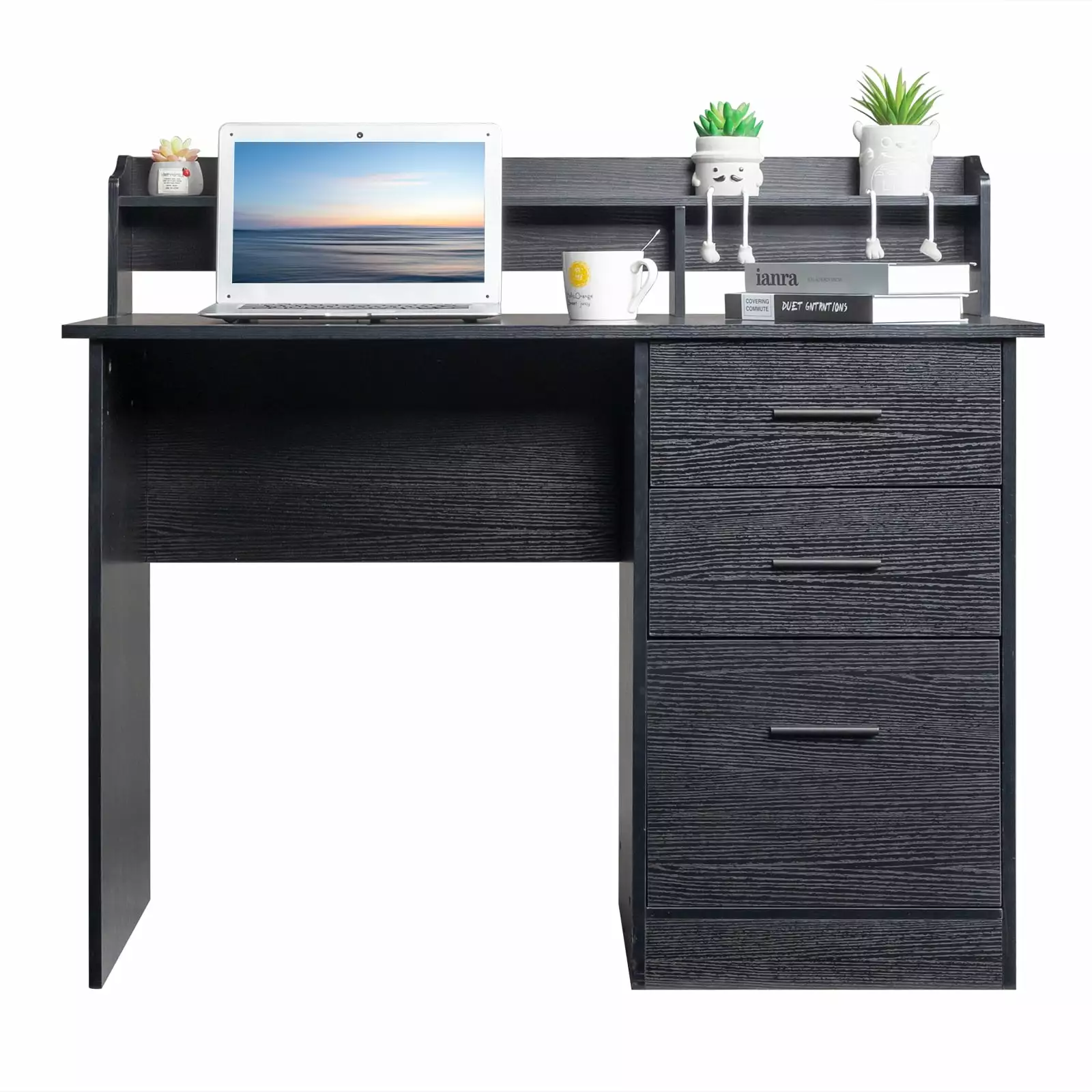 Winado Black Computer Desk Drawers Hutch Modern Work Study Gaming Desk FCH