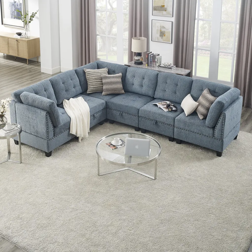 L Shape Modular Sectional Sofa DIY Combination Includes Three Single Chair and Three Corner Navy Chenille Ghislaine