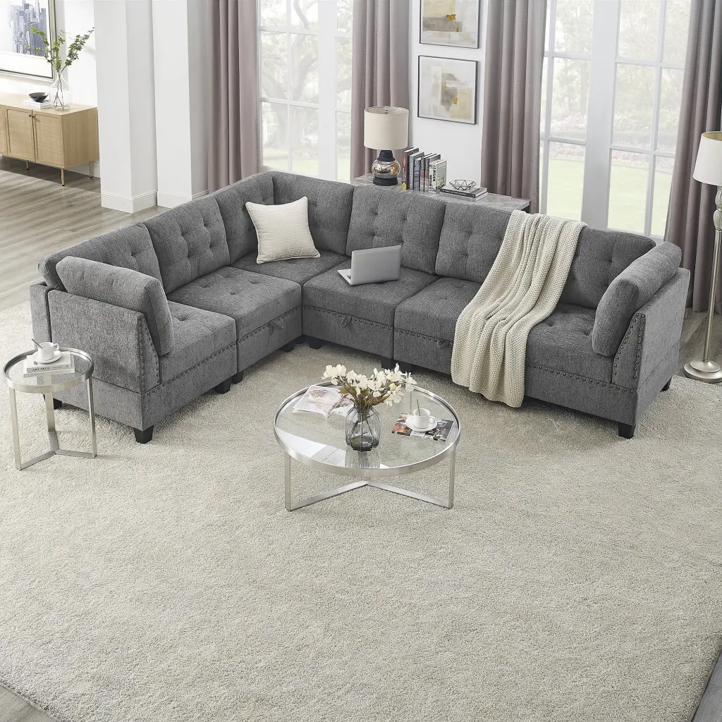 L Shape Modular Sectional Sofa DIY Combination Includes Three Single Chair and Three Corner Grey Chenille Ghislaine