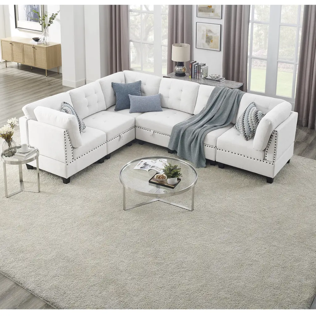 L Shape Modular Sectional Sofa DIY Combination Includes Three Single Chair and Three Corner Ivory Chenille Ghislaine