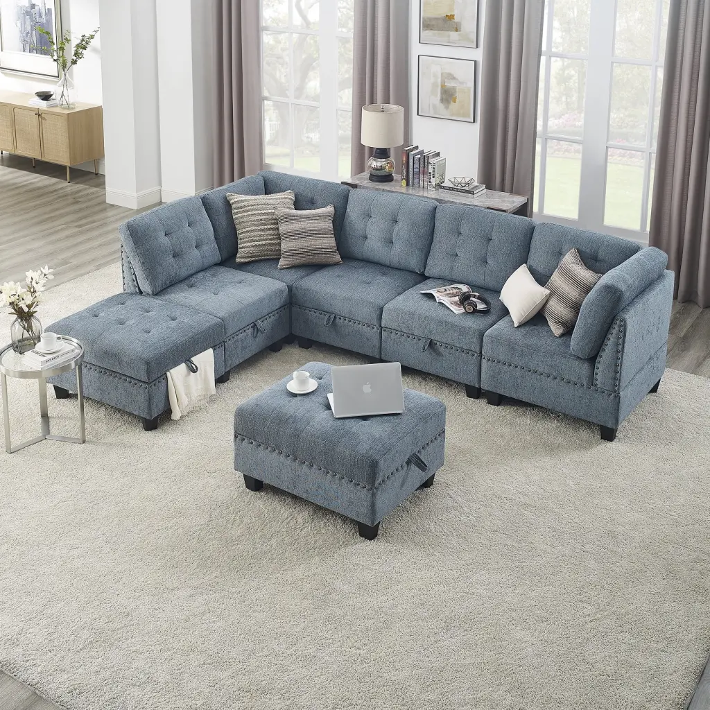 Miekor Furniture L Shape Modular Sectional Sofa DIY Combination Single Chairs and Ottomans Navy Blue