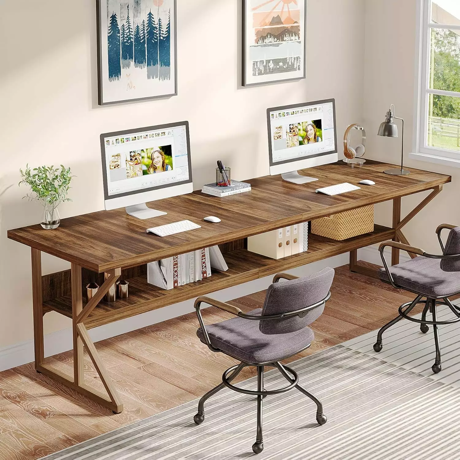 Tribesigns 2 Person Desk. 79-Inch Long Desk Storage Shelf. Large Brown Computer Desk Double Desk Writing Table Desk Home O...