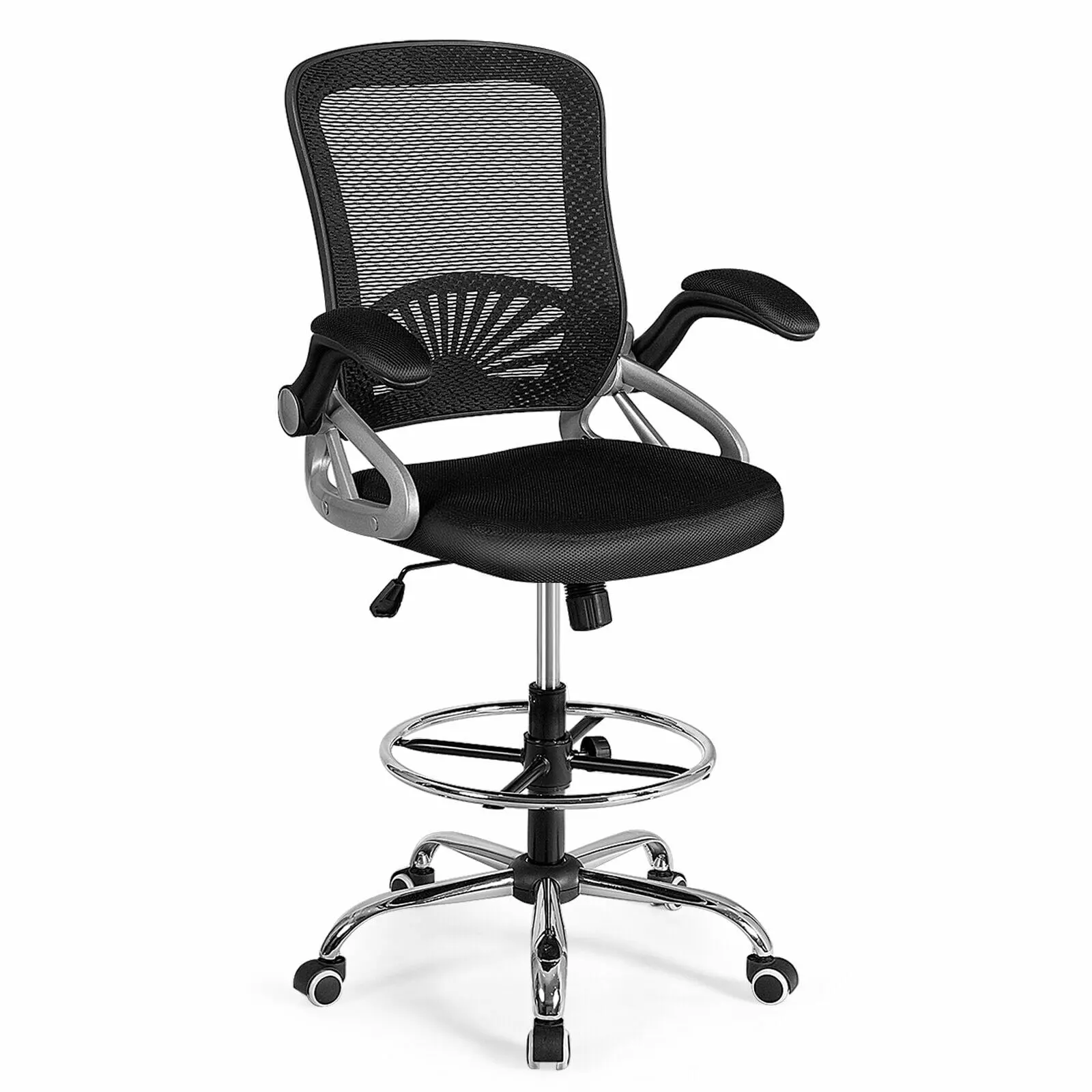 Gymax Adjustable Height Mesh Drafting Chair Flip-Up Arms Black