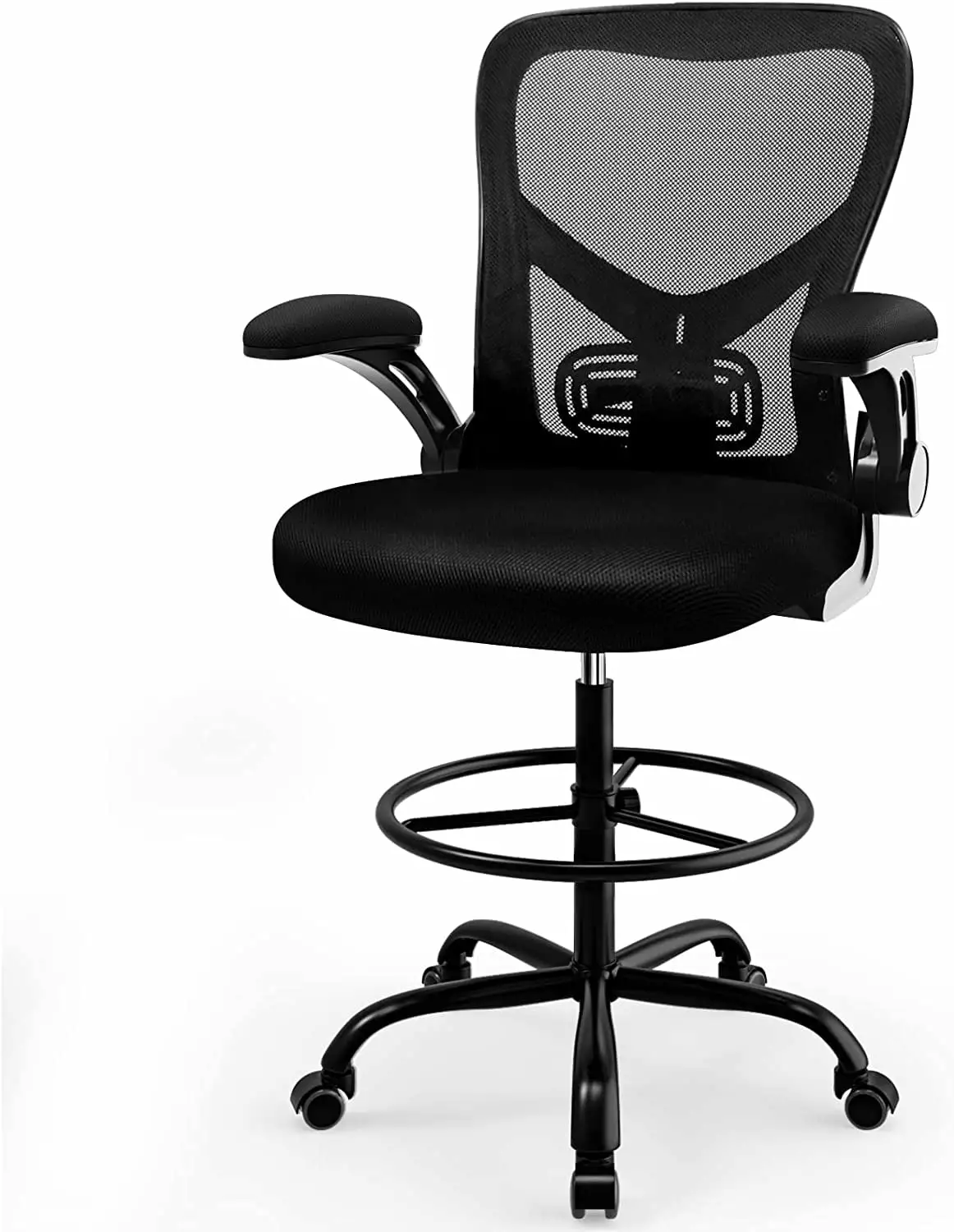 Drafting Tall Standing Office Chair Adjustable Foot Ring Flip Up Arms Ergonomic Mesh Mid Back Desk Chair TRAHOO