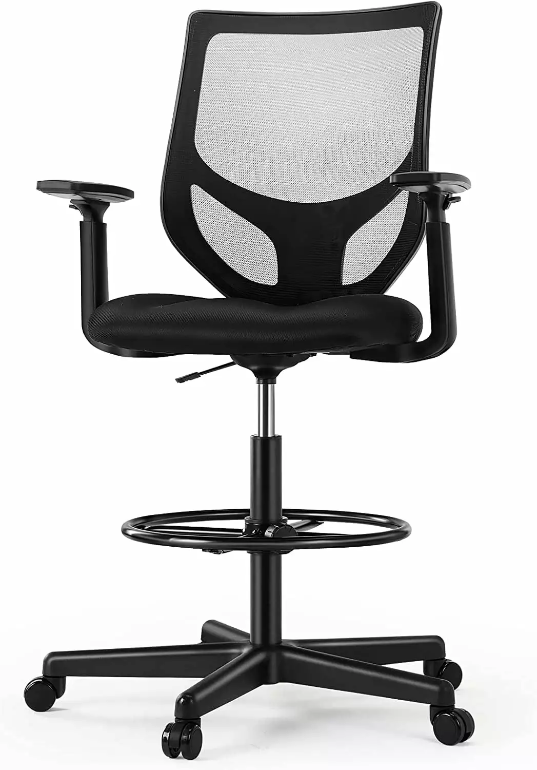 Tall Drafting Chair Adjustable Foot Ring - Ergonomic Lumbar Support, Adjustable Height, Breathable Mesh, Dark Black TRAHOO