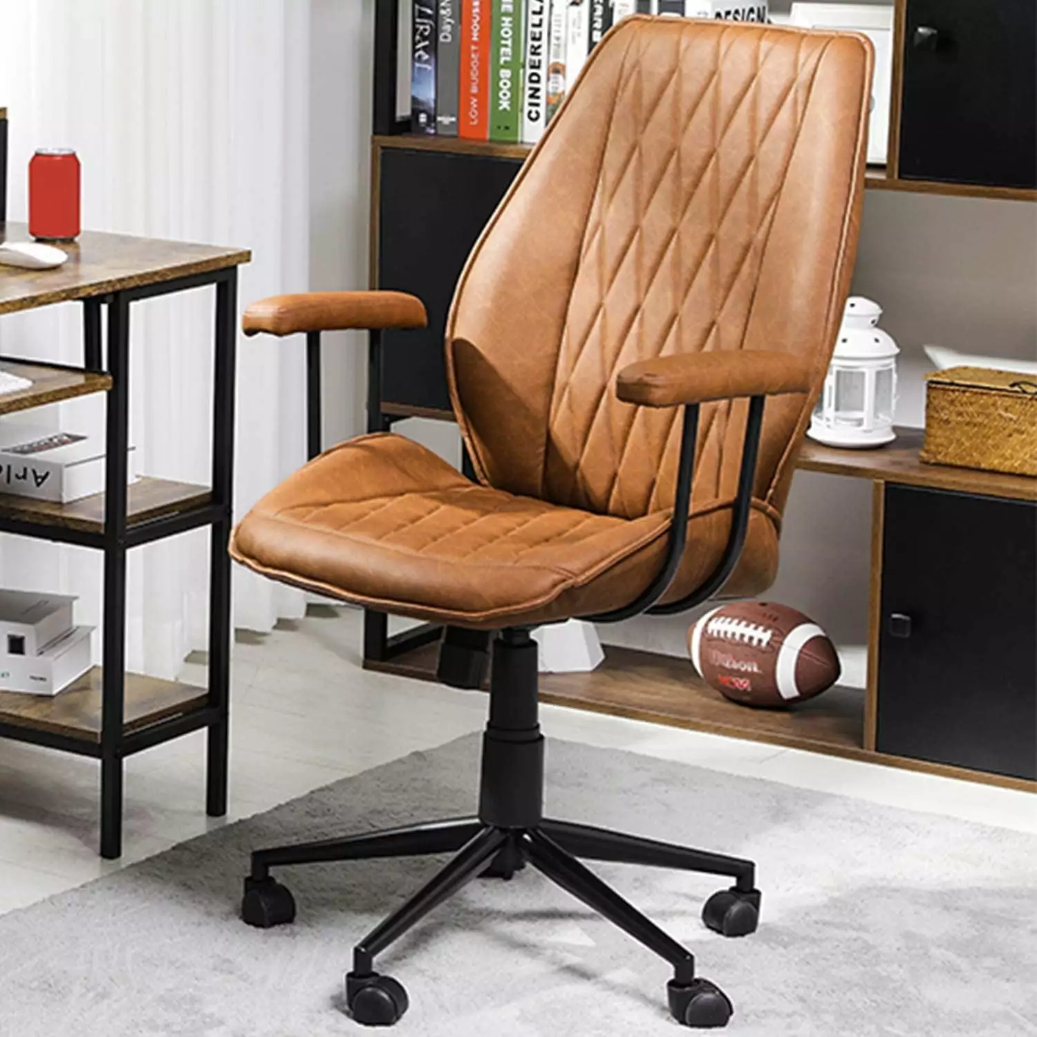 Afuhokles Brown Leather Mid Back Ergonomic Office Desk Chair Lumbar Support