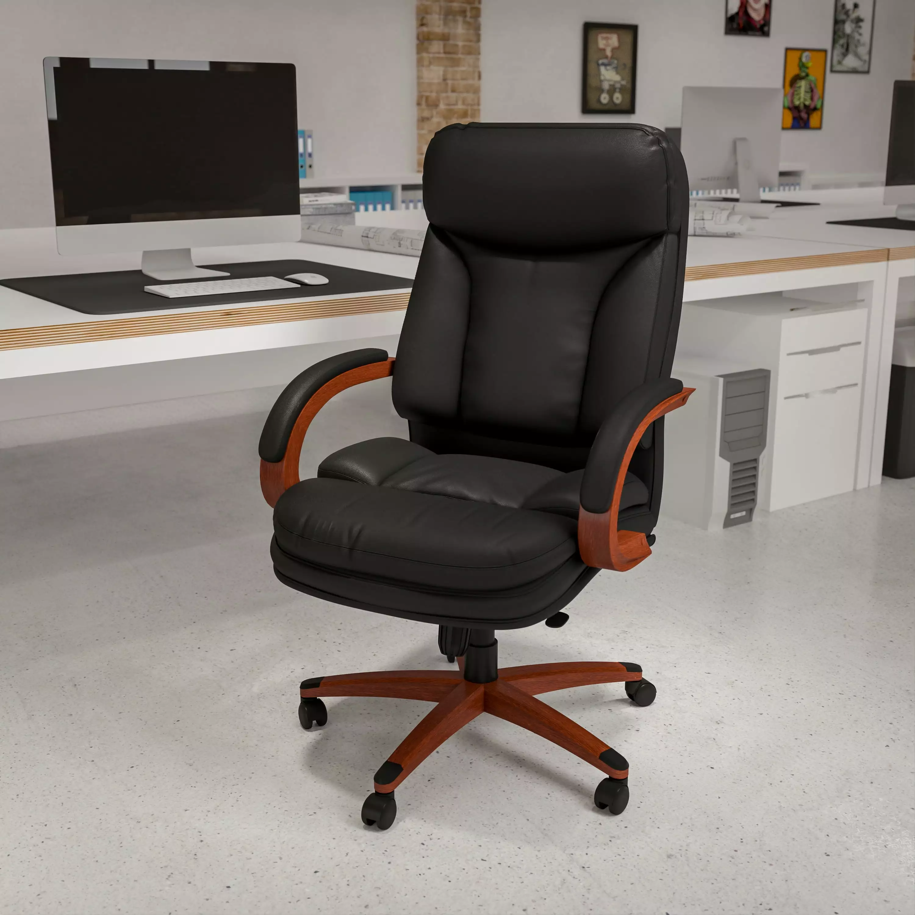 BizChair High Back Black LeatherSoft Executive Ergonomic Office Chair Synchro-Tilt Mechanism and Mahogany Wood Base