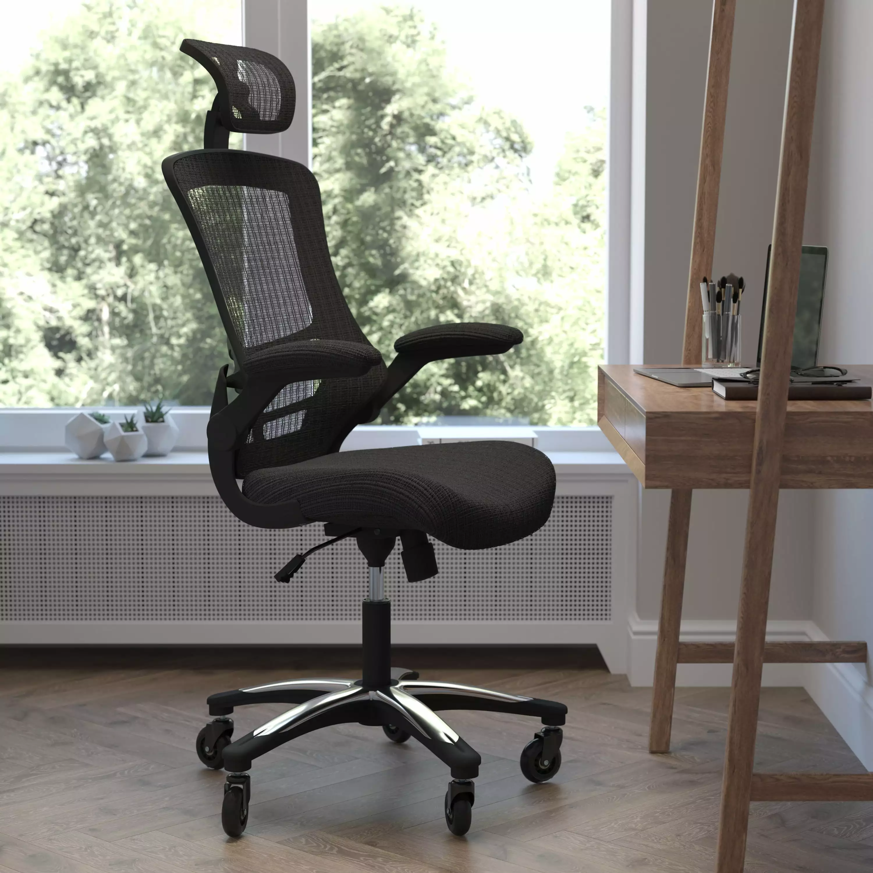 BizChair High-Back Black Mesh Swivel Ergonomic Executive Office Chair Flip-Up Arms and Transparent Roller Wheels. BIFMA Ce...