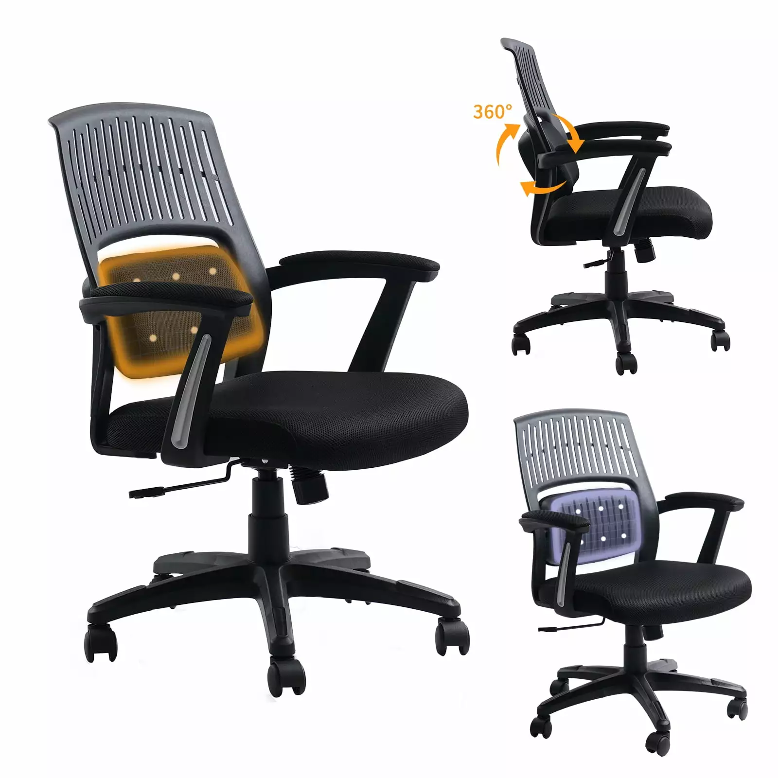 Black Ergonomic Office Chair Adjustable Lumbar Support and Padded Arms CLATINA