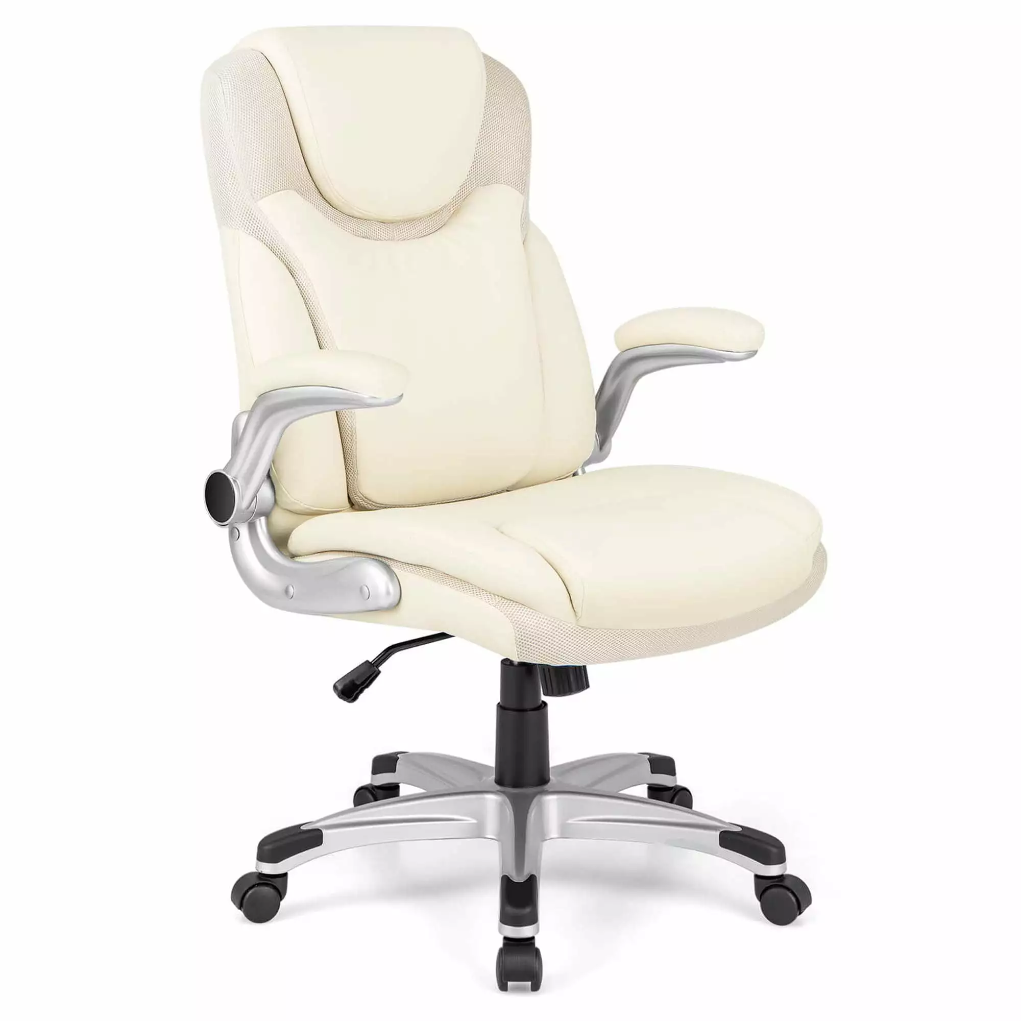 Costway Ergonomic Office Chair PU Leather Executive Swivel Flip-up Armrests Beige