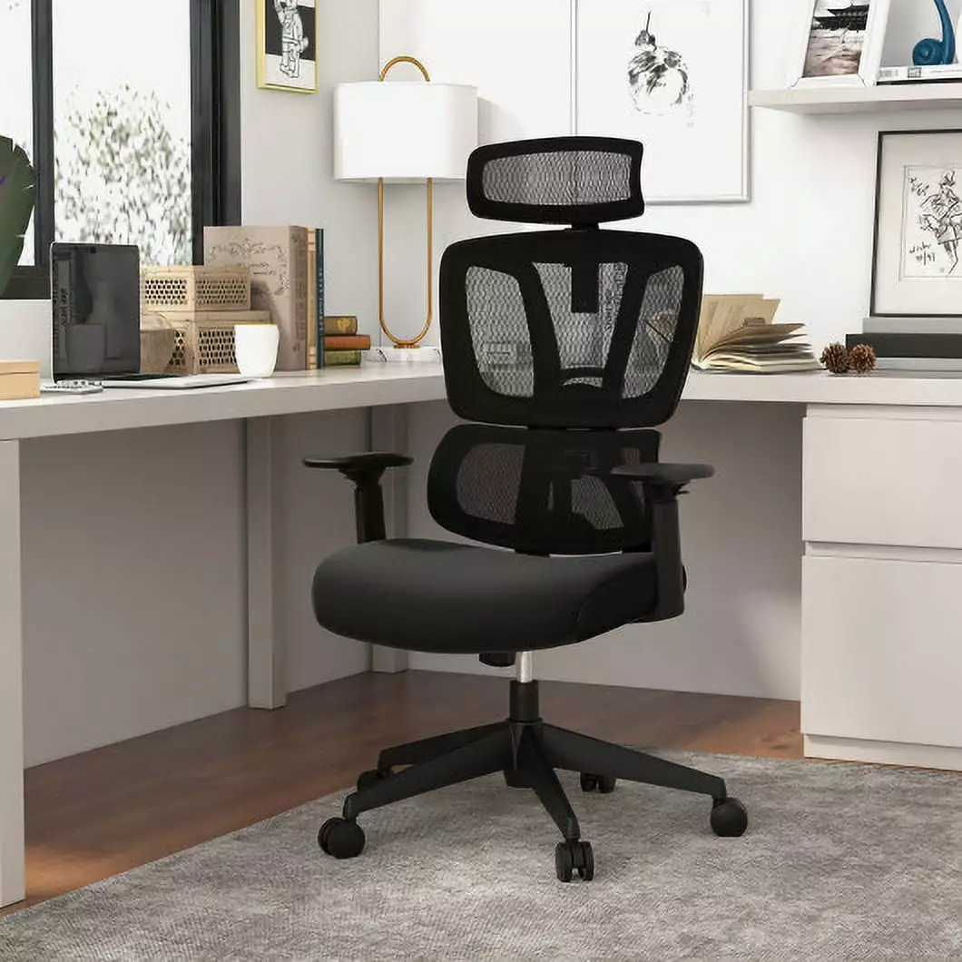 Ergonomic Office Chair N Type Lumbar Support and Adjustable Headrest - Black CostwayINC