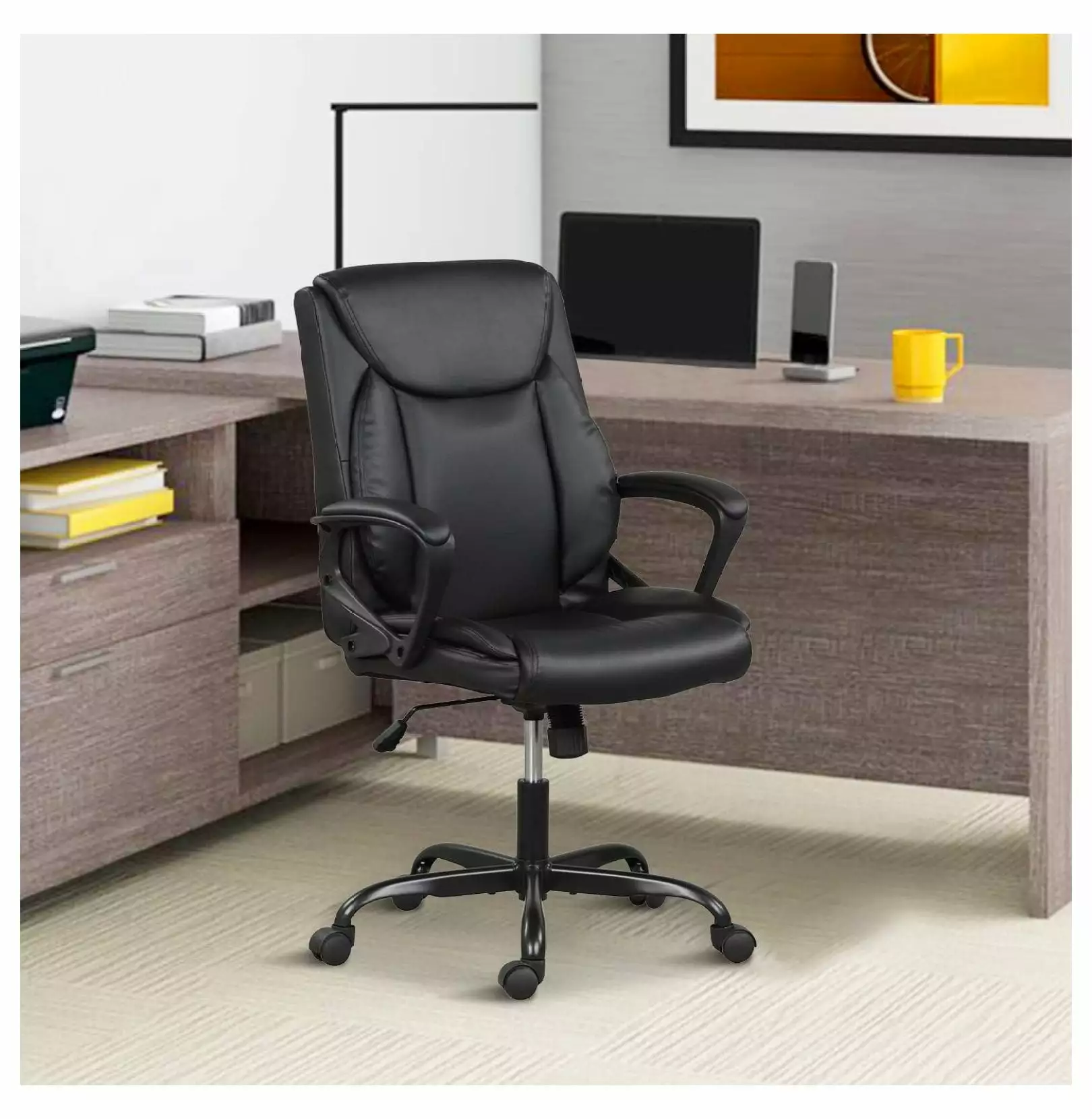 Black Ergonomic Office Chair Adjustable Height PU Leather Executive Swivel Desk Chair Lumbar Support Exlonjet