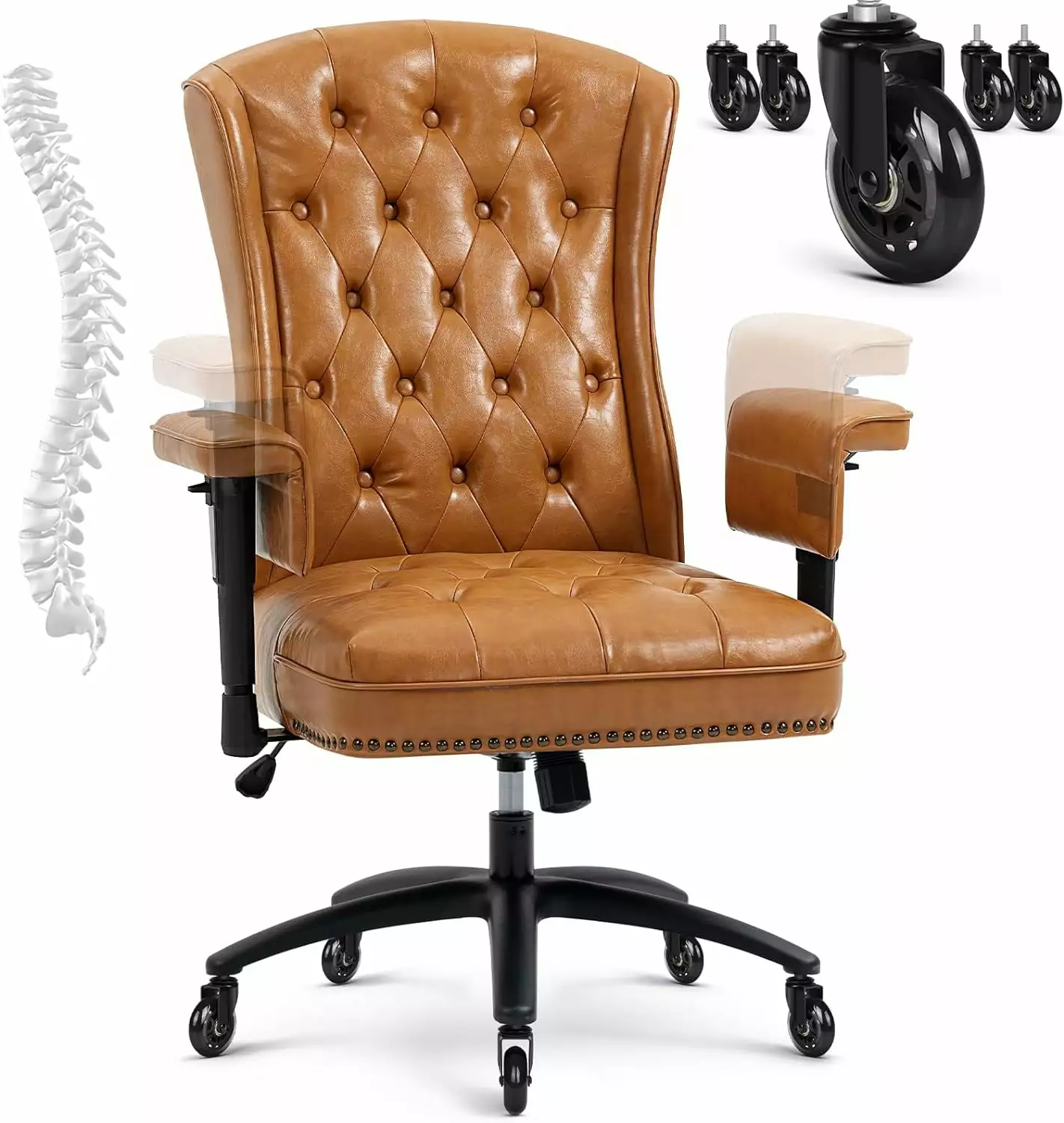 FJU Ergonomic Executive Office Chair Height-Adjustable Faux Leather Swivel Work Chair Camel
