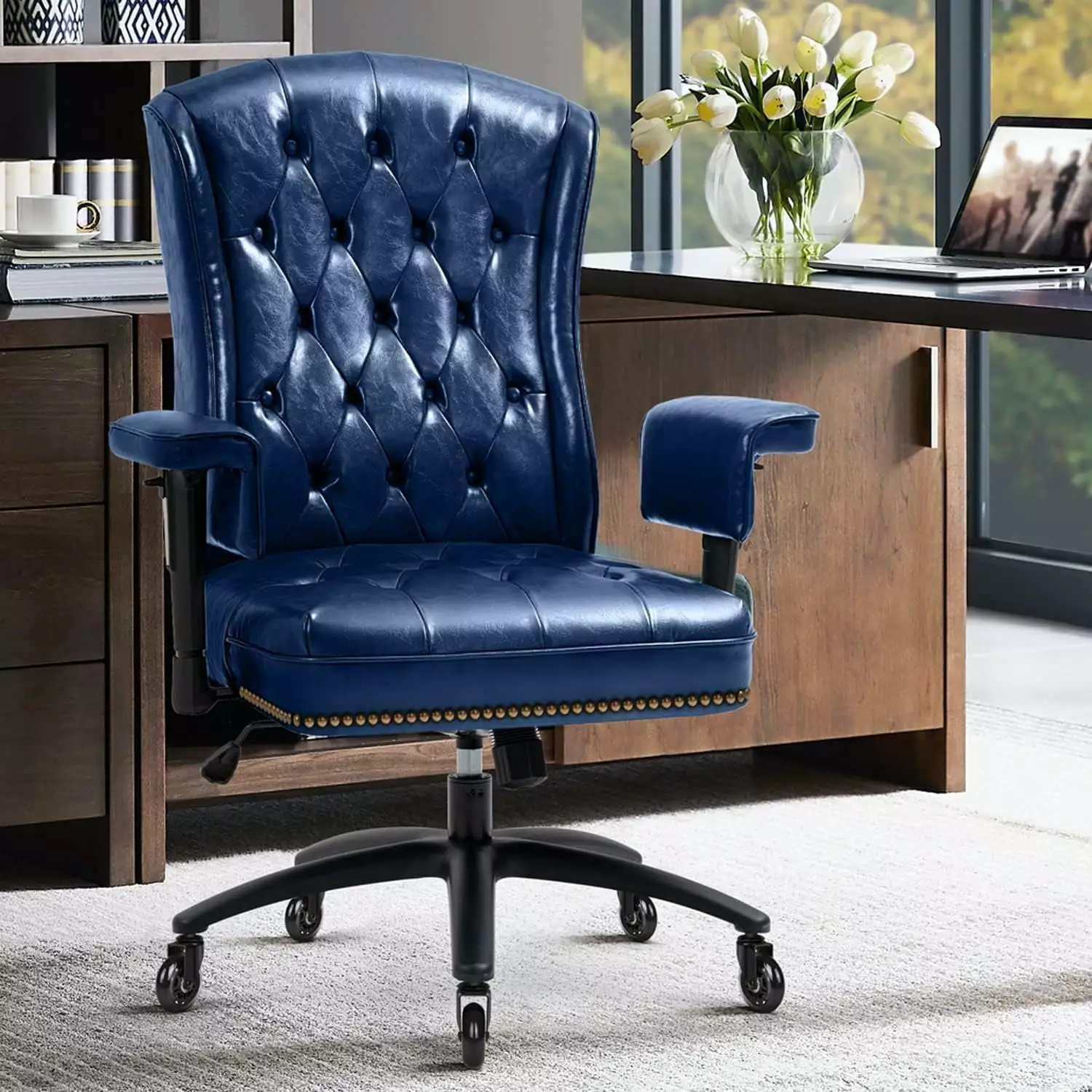 FJU Ergonomic Executive Office Chair Rubber Wheels and Armrests PU Leather Desk Chair Blue