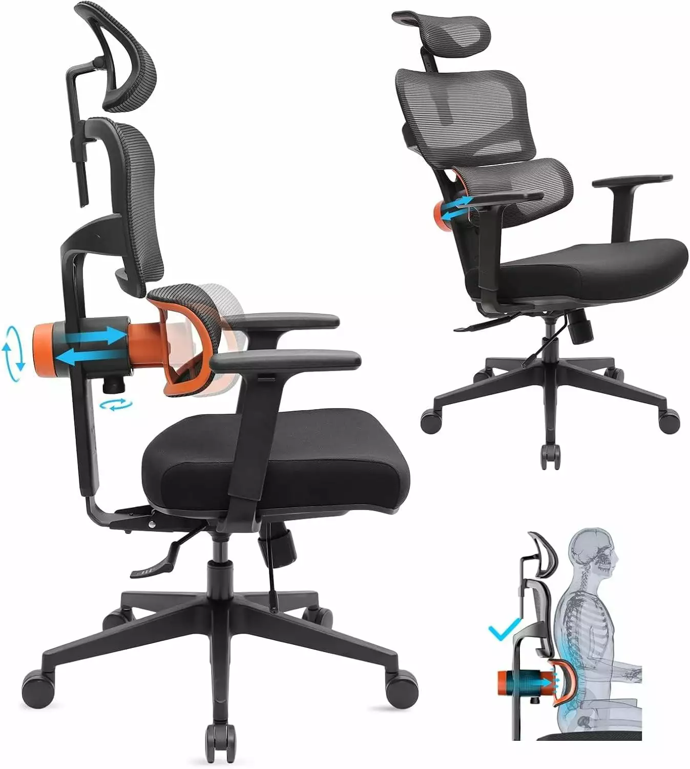 FJU Home Desk Office Chair Adaptive Lumbar Support High Back Mesh Computer Chair Adjustable Headrest