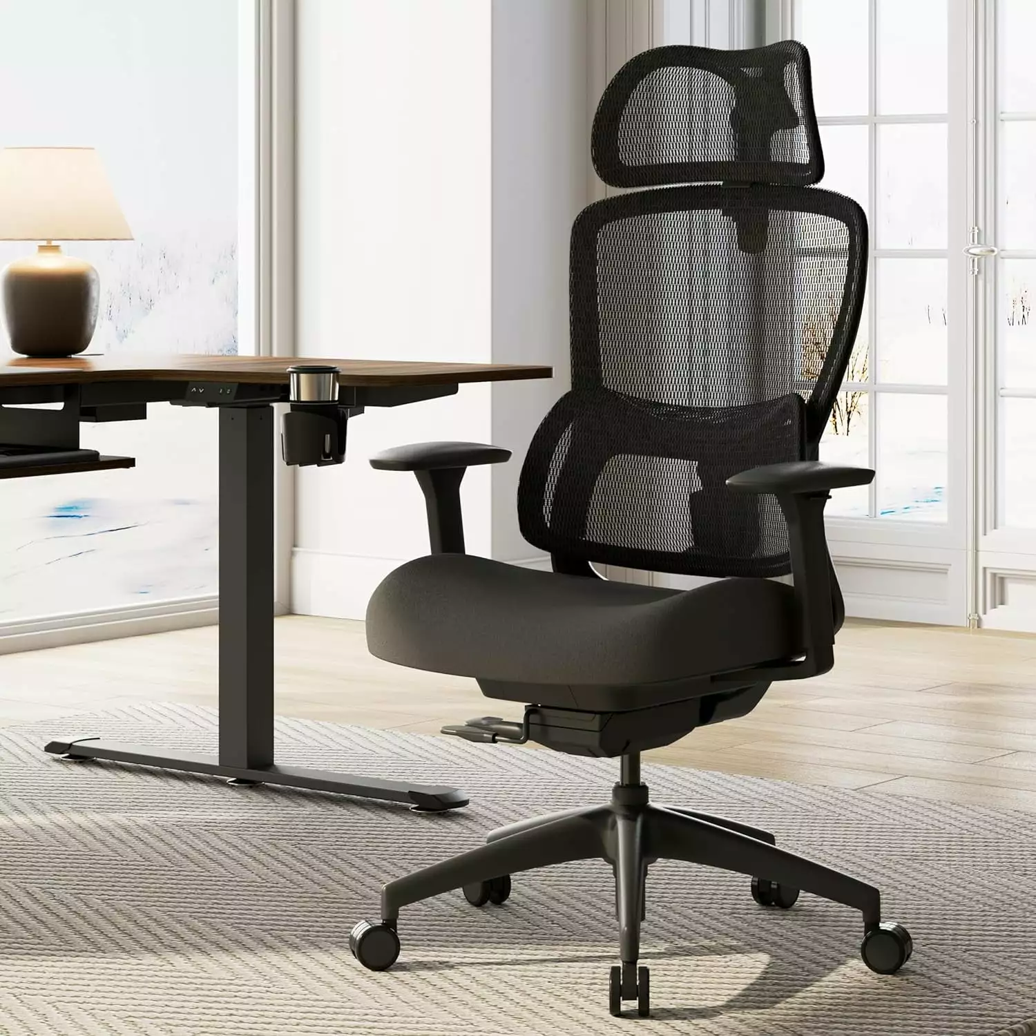FJU Mesh Office Chair Wheels Ergonomic Office Chair Lumbar Support Home Office Chair Adjustable Seat Depth 3D Armrest Head...
