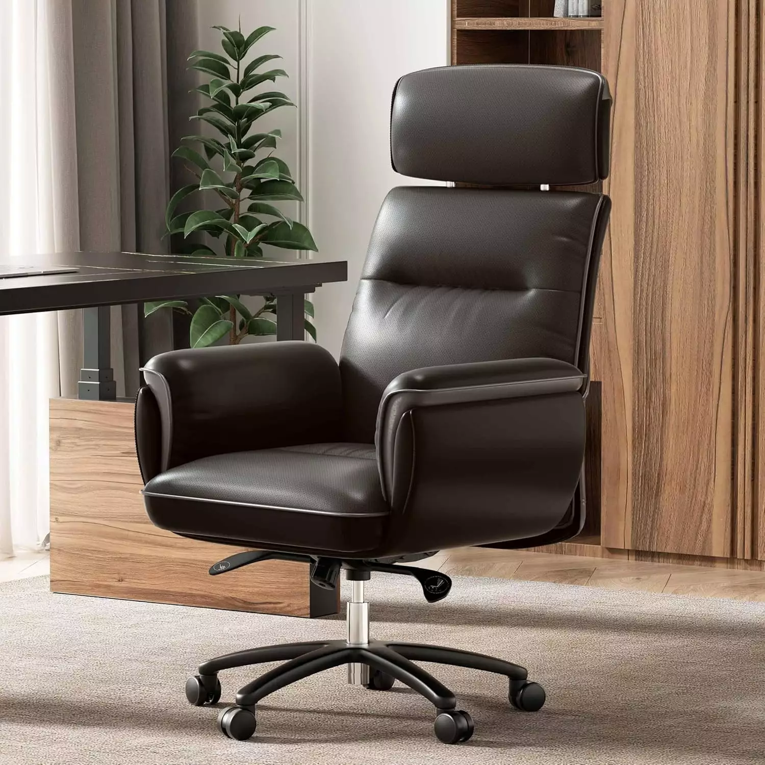FJU Microfiber Leather Office Chair - Ergonomic Executive Desk Chair Elevatable Headrest & Padded Armrests - Black