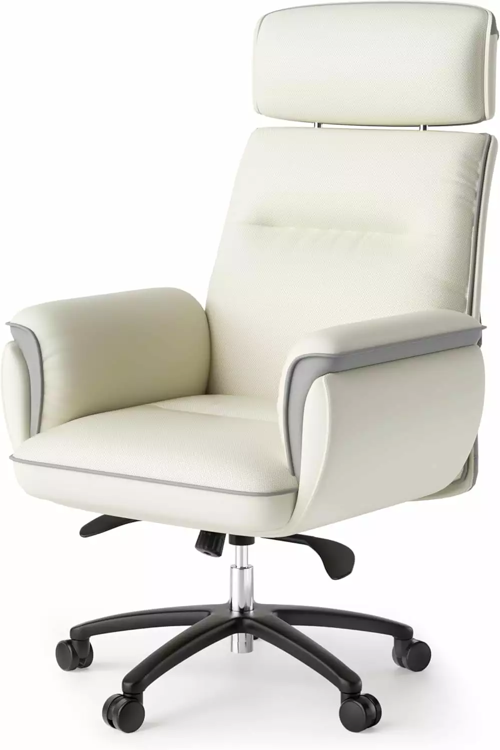 FJU Microfiber Leather Office Chair Ergonomic Desk Chair Elevatable Headrest and Padded Armrests Beige