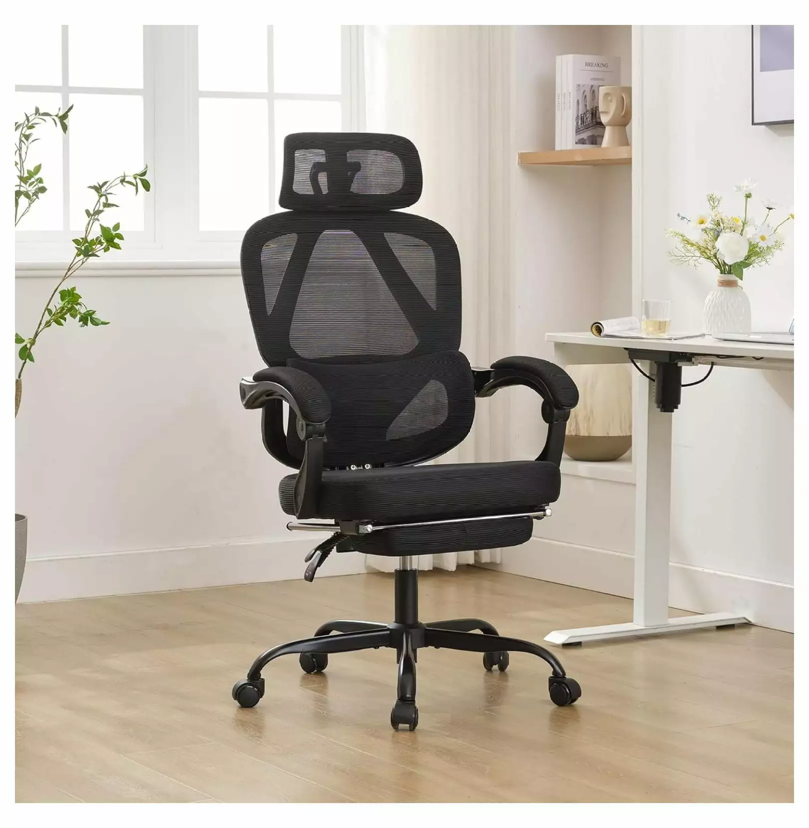 Ergonomic Office Chair Footrest, Mesh Home Office Desk Chair, Adjustable Lumbar Support and Headrest Black Killeryuki