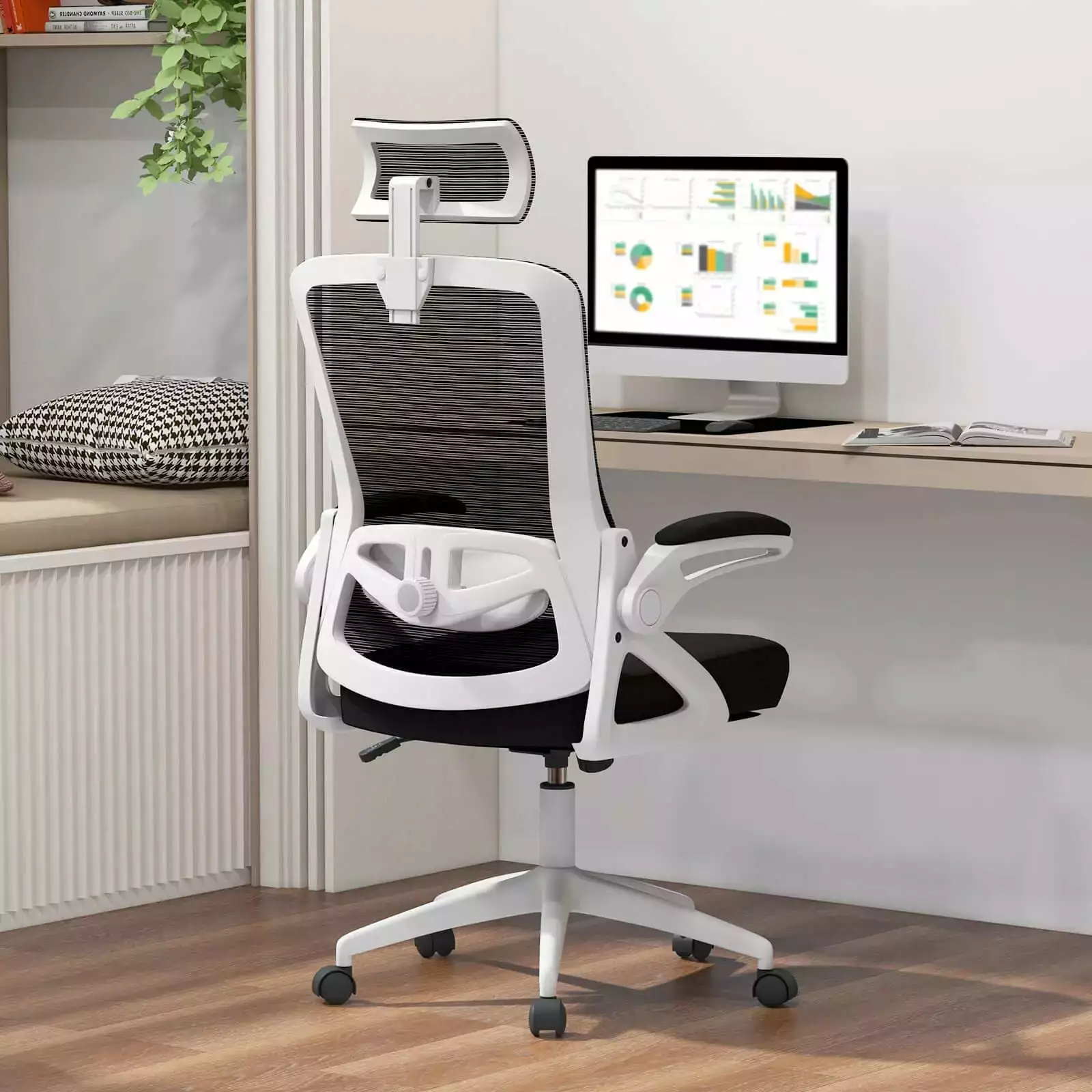 Laicejoy Mesh Office Chair 2D Headrest and Lumbar Support Flip-Up Armrests Rocking Function Executive Chair