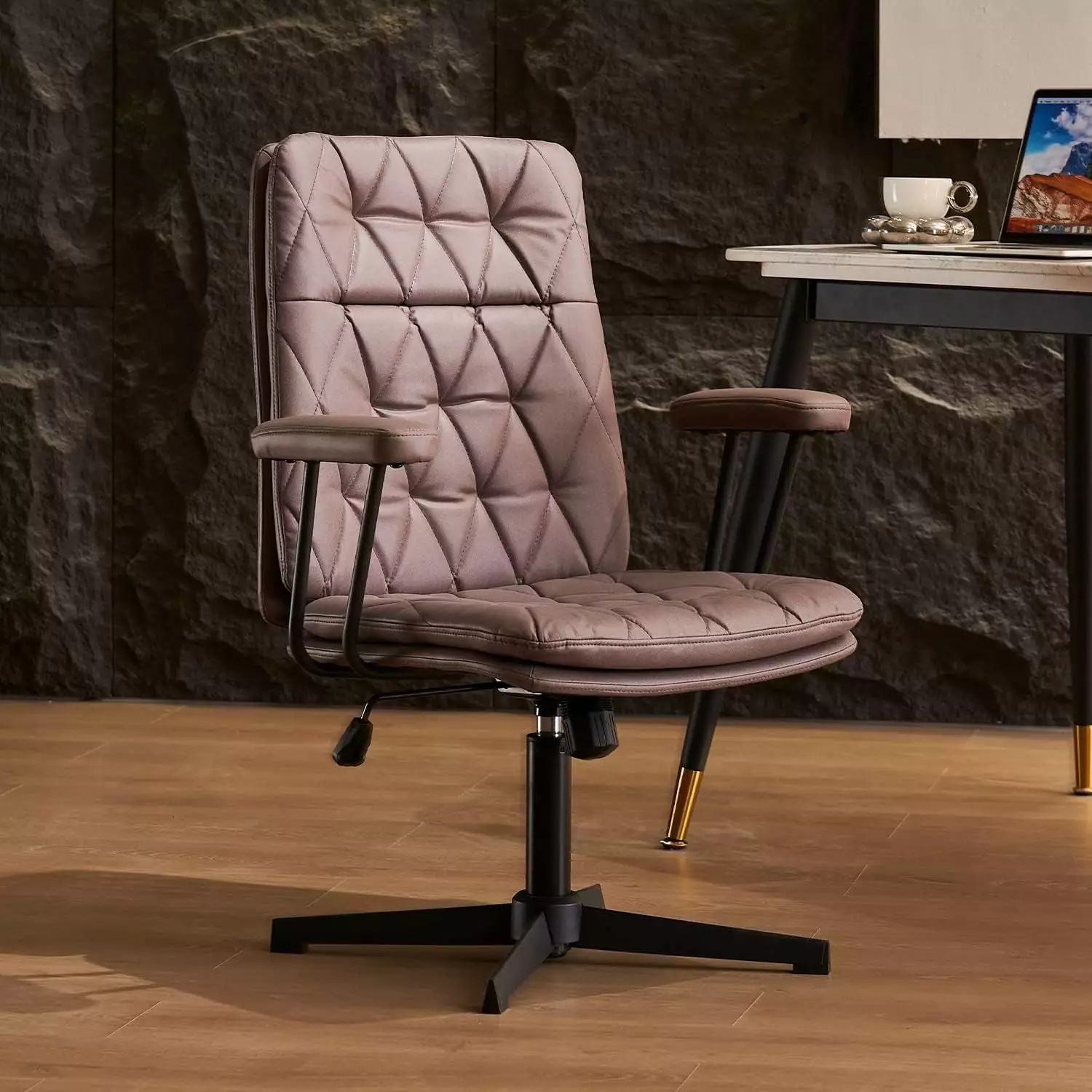 Ergonomic Desk Chair no Wheels Criss Cross Chair Adjustable Home Office Chair Armrest Executive Swivel Mid Back Chair Brow...
