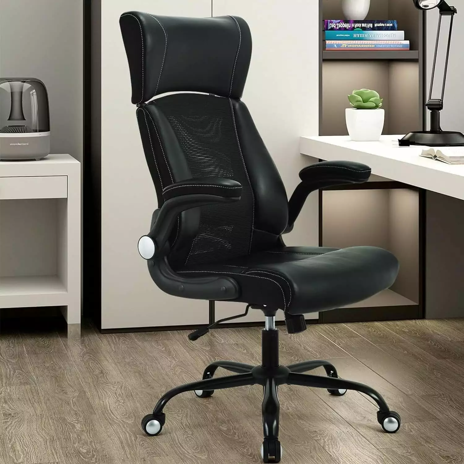 Ergonomic Office Chair Home Office Desk Mesh Chair High Back Leather Executive Chair Computer Chair Flip-Up Arm Height Adj...