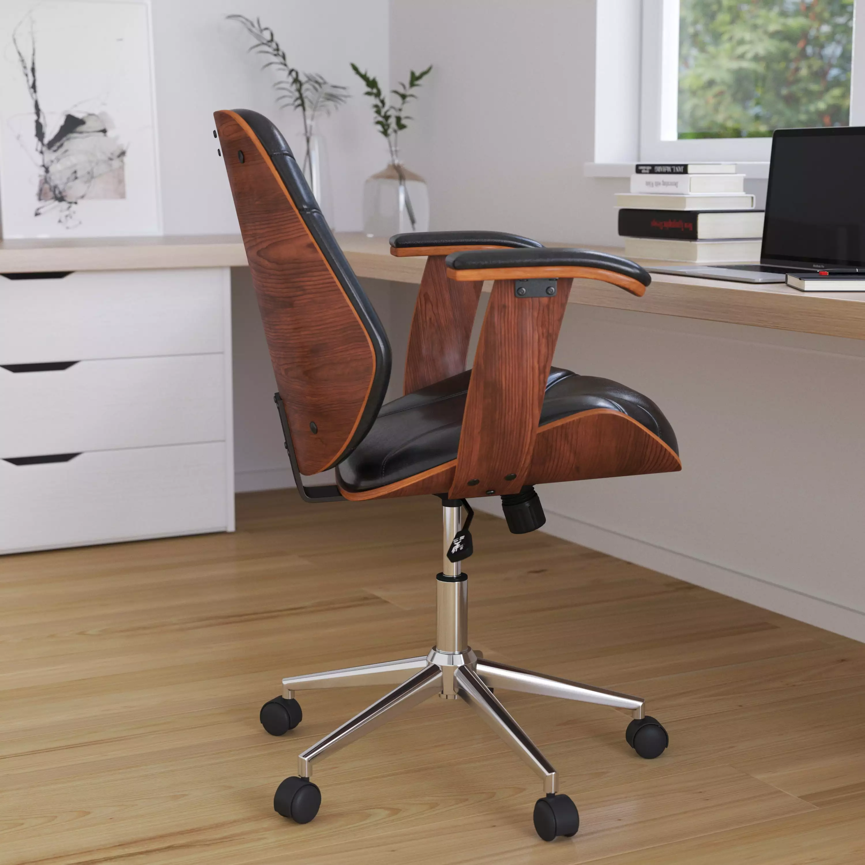 Merrick Lane Mid-Back Ergonomic Office Chair Bentwood Frame Black Faux Leather