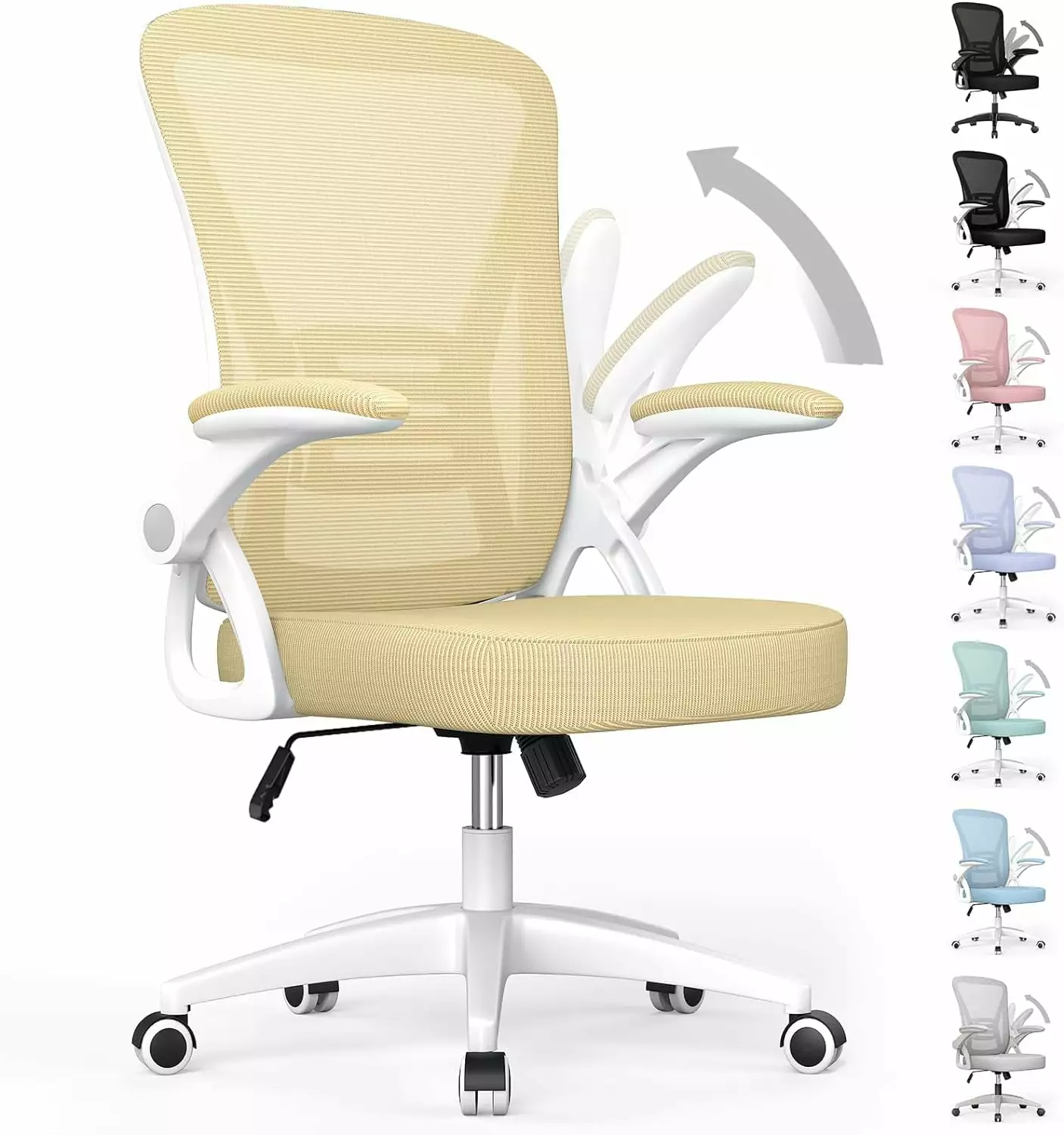 Ergonomic Office Chair Mid Back Desk Chair Adjustable Height Flip-Up Arms and Lumbar Support Light Yellow TRAHOO