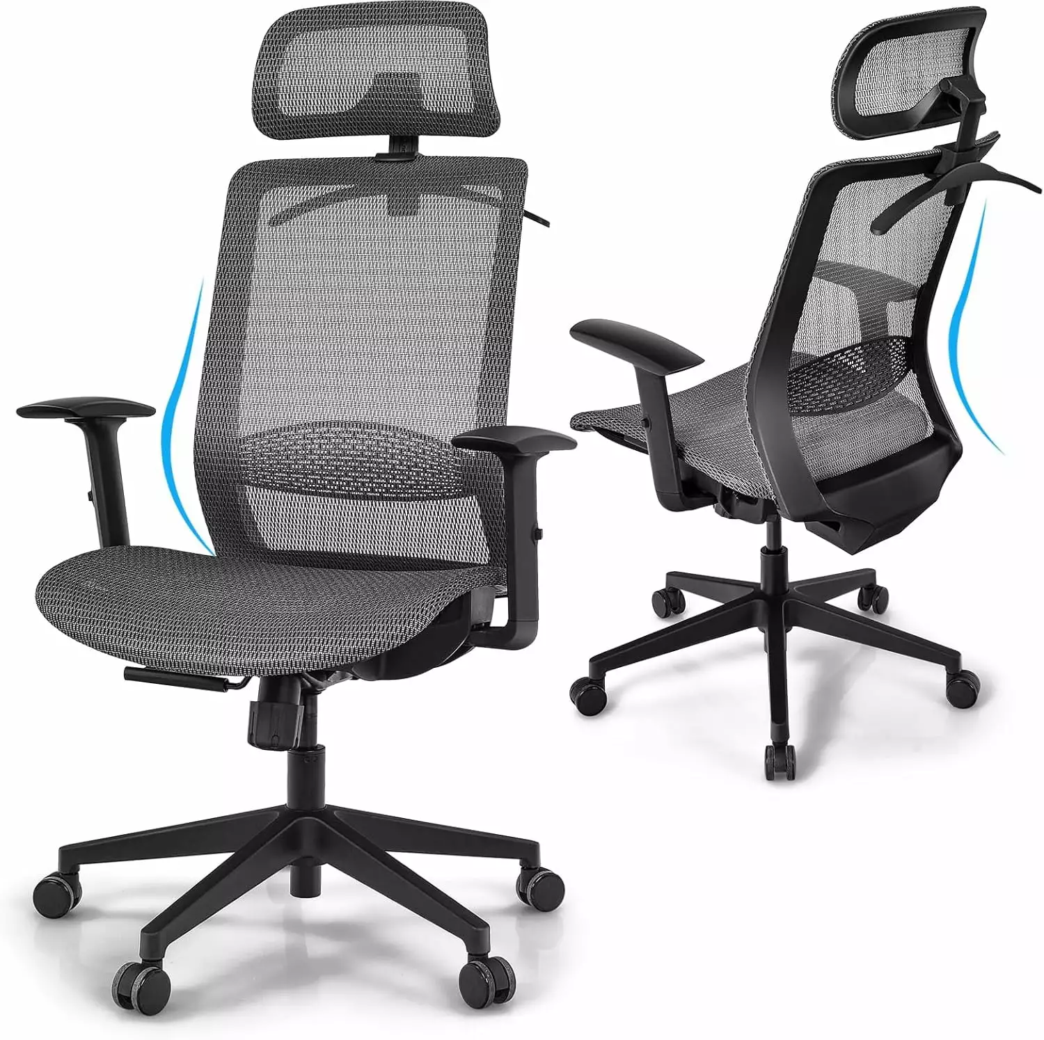 Ergonomic Mesh Office Chair High Back Computer Desk Tilt Lock Lumbar Support Adjustable Arms Headrest Grey WRP