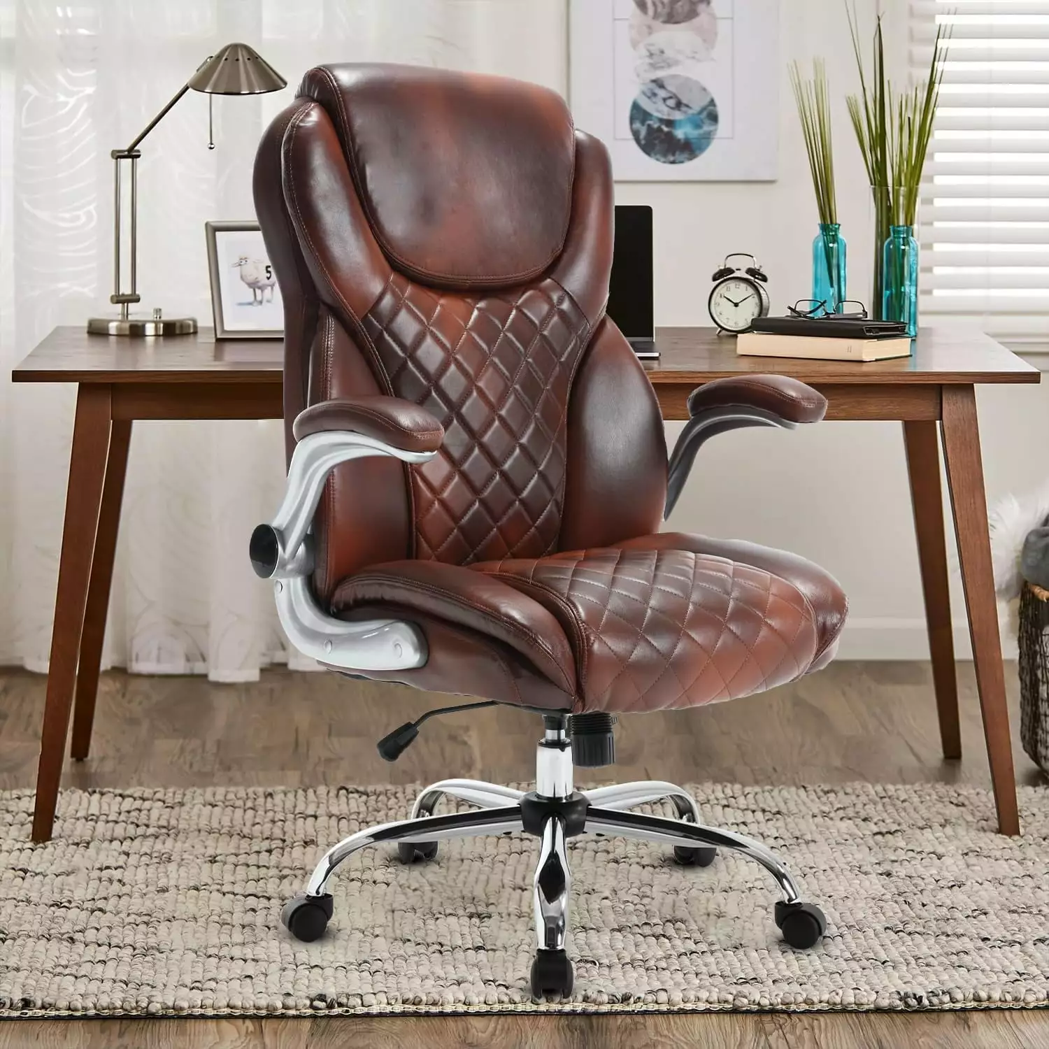 Executive Office Chair PU Leather High Back Desk Chair 90-120 Degree Rocking Ergonomic Computer Chair Flip Up Arms Lumbar ...