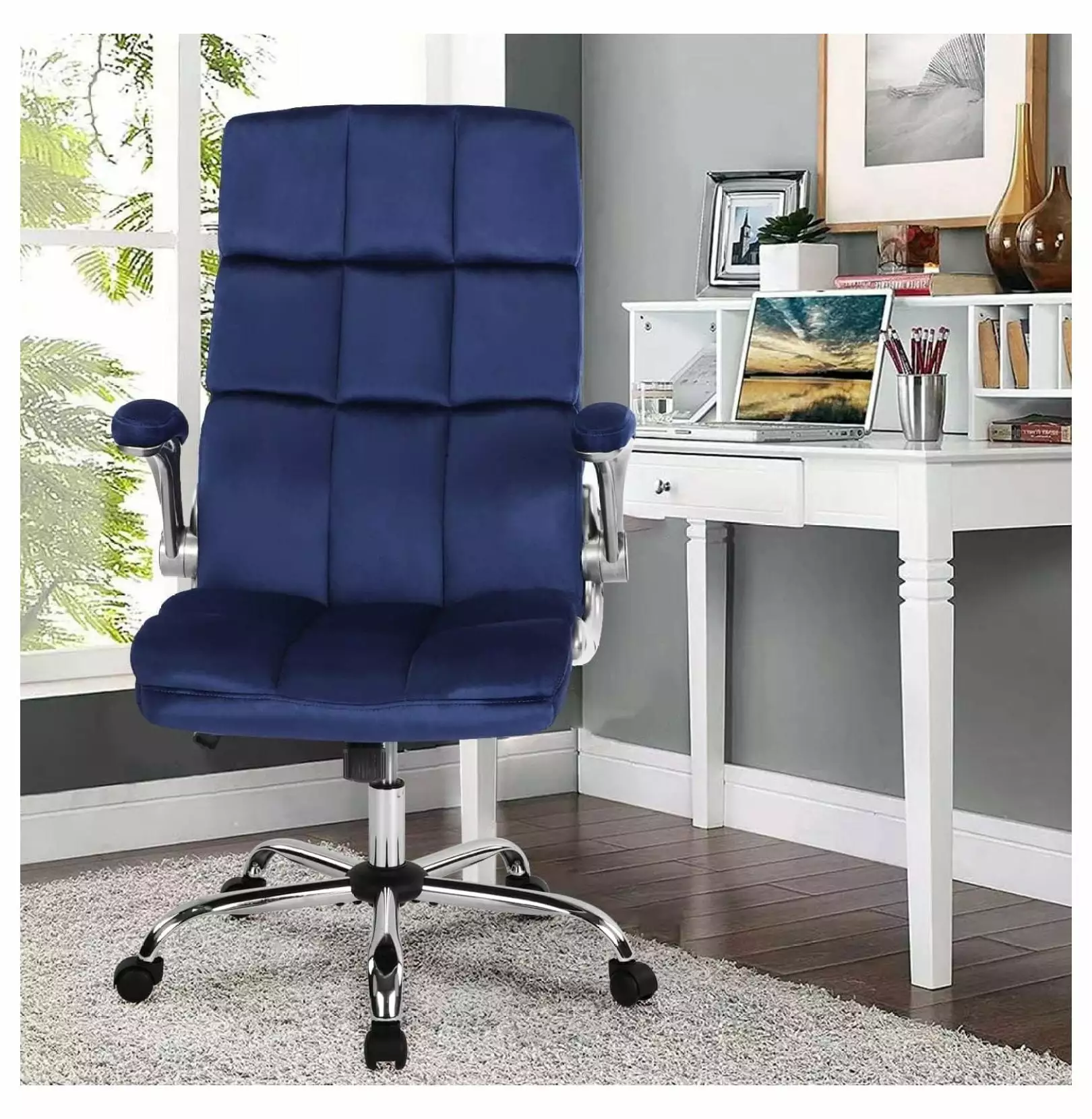 ZJINJIN Velvet Blue Office Chair Ergonomic Executive Chair Lumbar Support 90-120 Degree Rocking