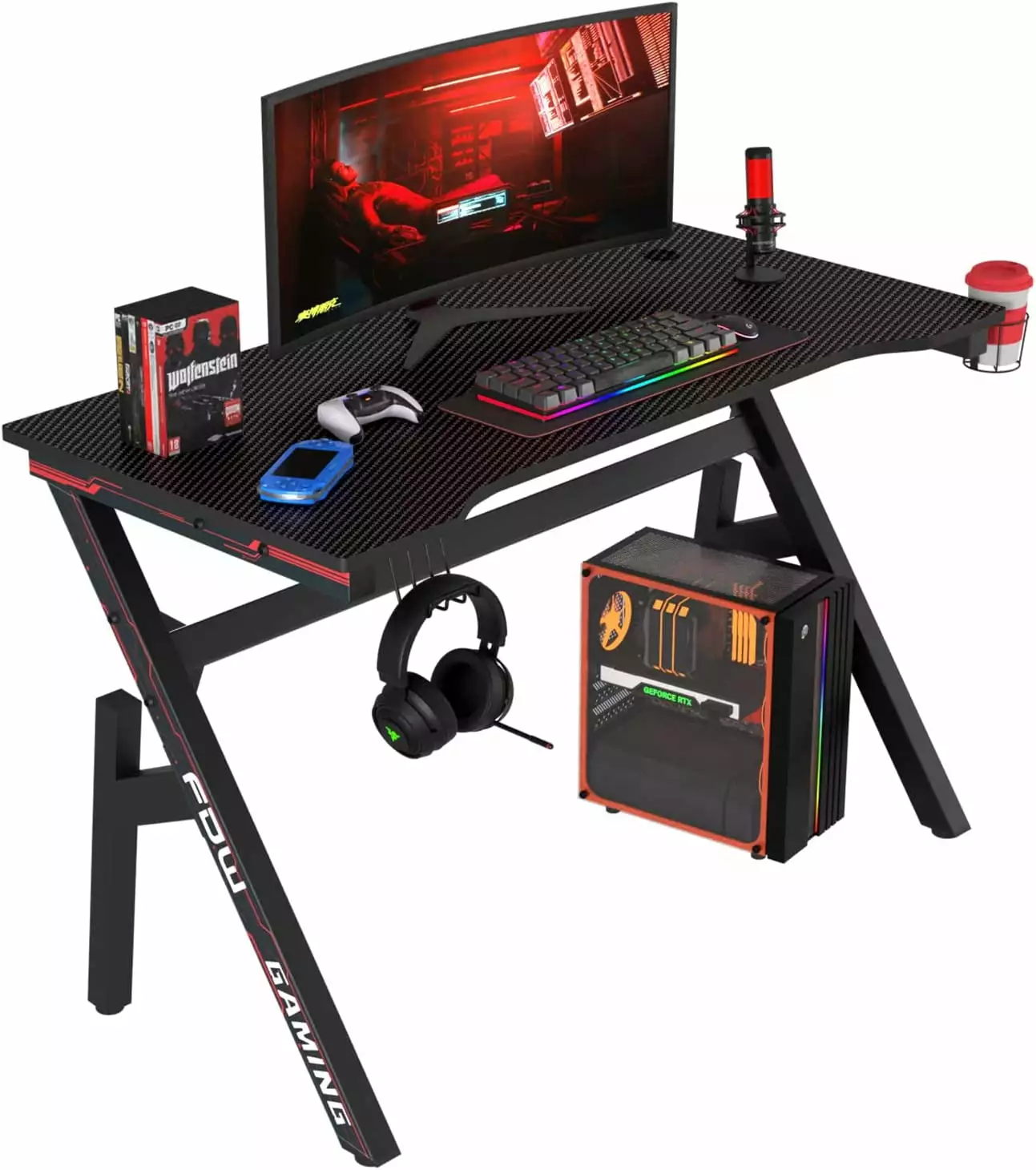 47 Inch Gaming Desk Computer Desk Home Office Desk Extra Large Modern Ergonomic Black PC Carbon Fiber Table Gamer Workstat...