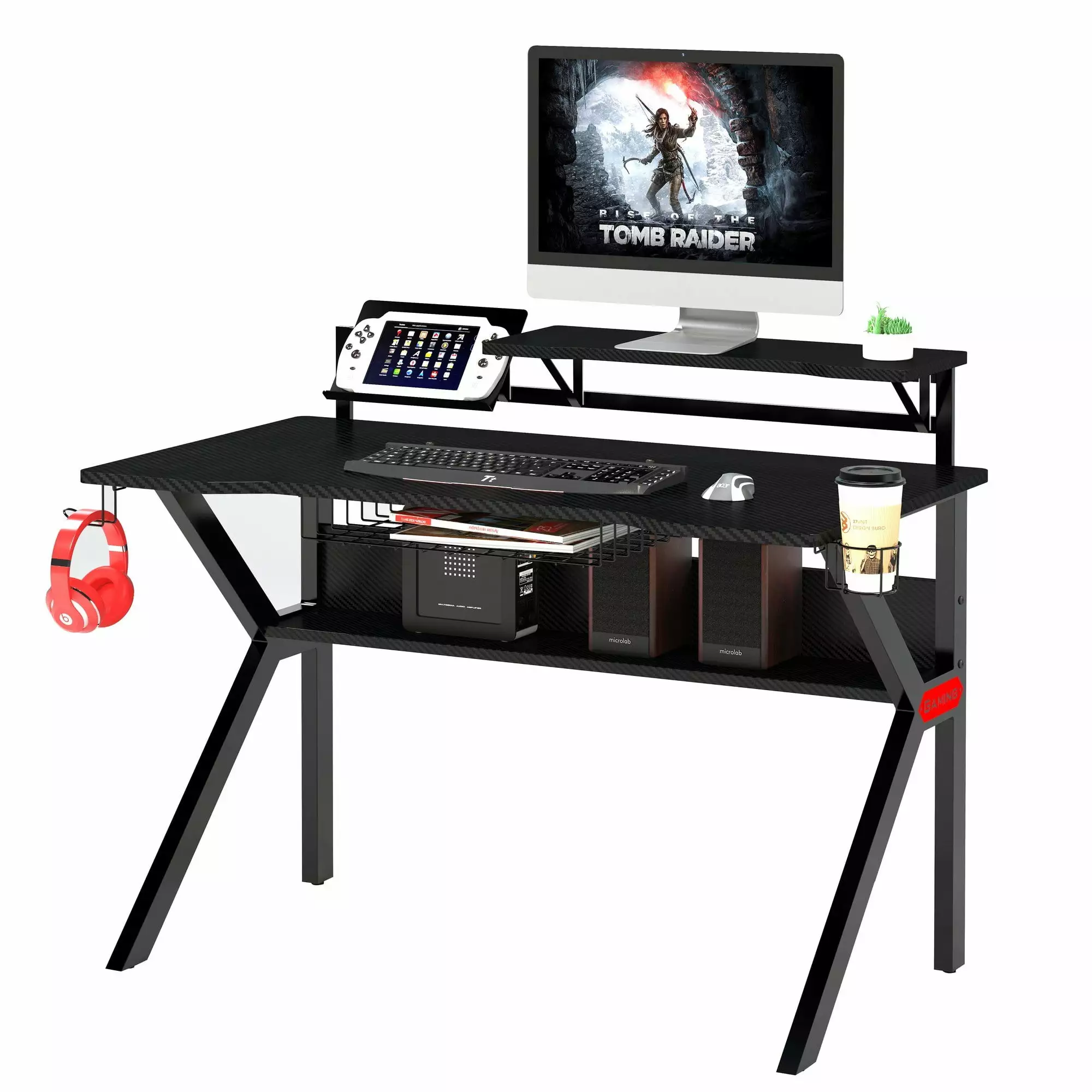 LANTRO JS PVC Coated Ergonomic Metal Frame Gaming Desk K Shape Legs Black