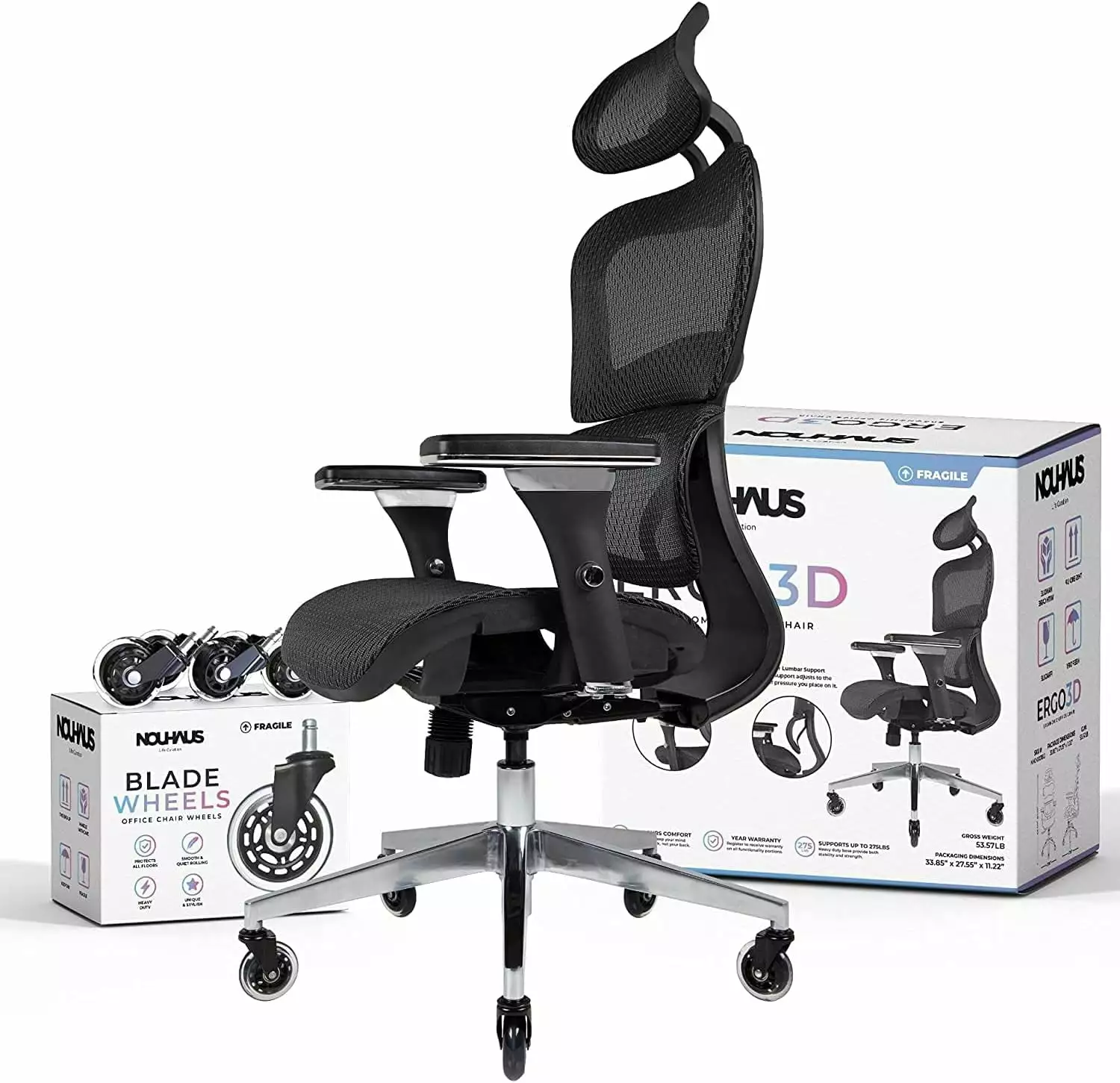 KEMANHUAN Ergo3D Ergonomic Office Chair Lumbar Support Mesh Office Chair 4D Adjustable Armrest Headrest Wheels
