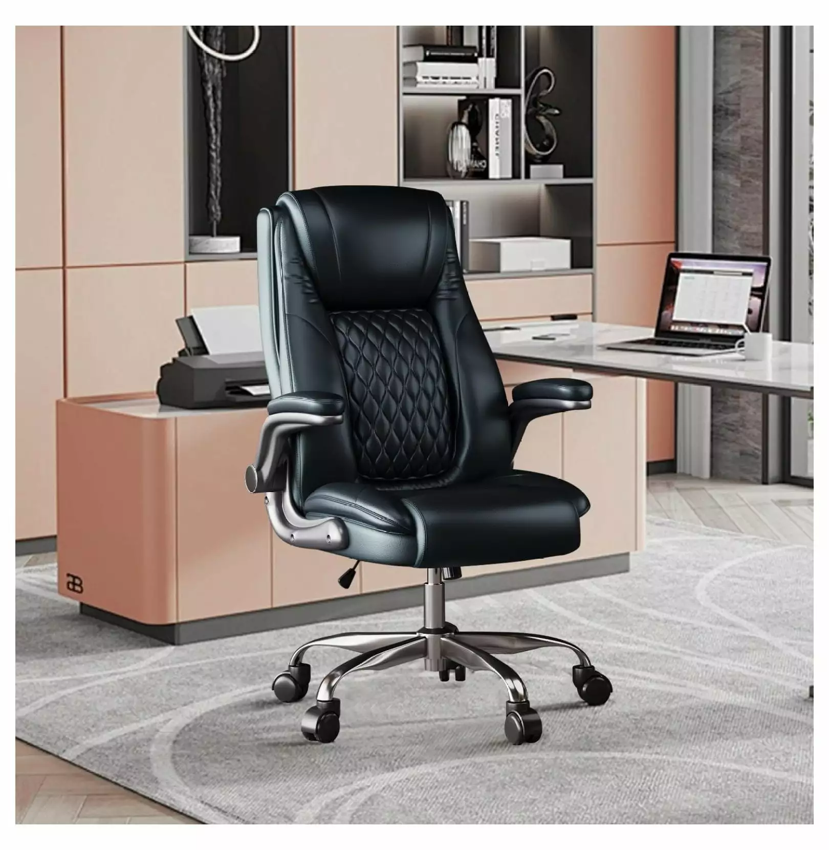 ZQRPCA High Back Ergonomic Office Chair Adjustable Lumbar Support and Flip-Up Arms - Black PU Leather Chair