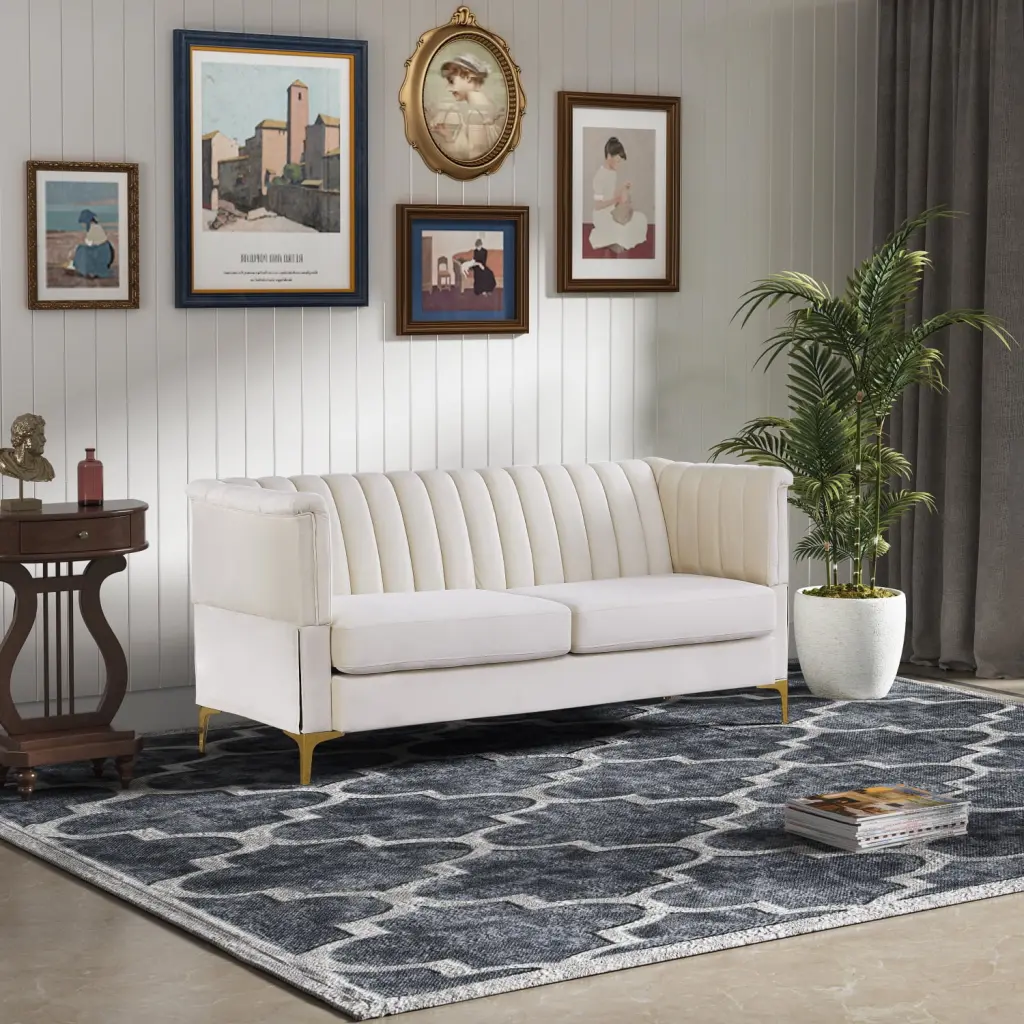 Holaki 70.5 Velvet European Couch 3 Seat Living Room Sofa Comfortable Cushion Beige
