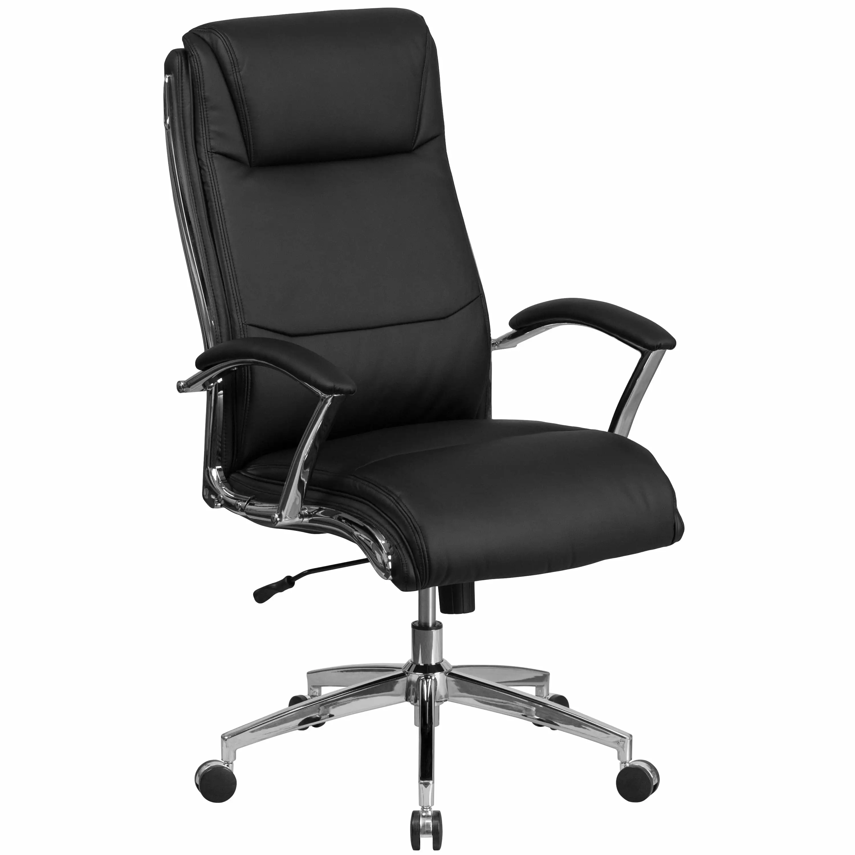 Line Furniture Executive High Back Black Leather Adjustable Swivel Office Chair Chrome Trim and Padded Arms