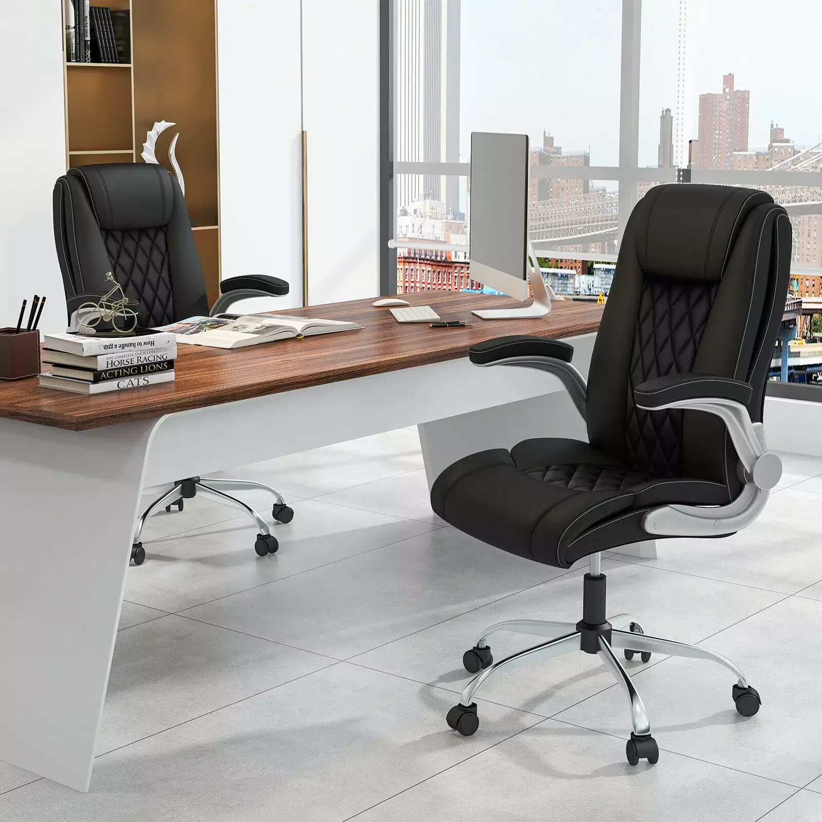 Amijoy PU Leather Office Chair Height Adjustable Executive Chair 6-Position Headrest Black