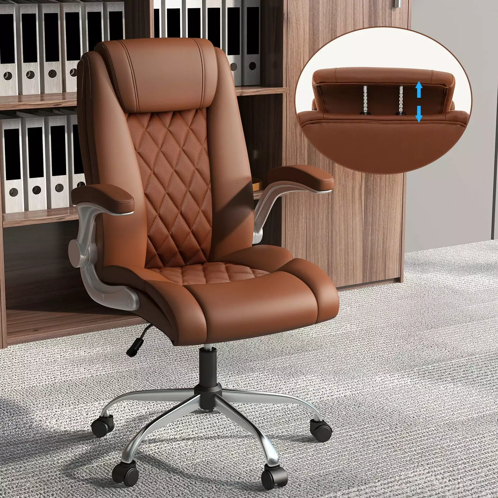 Amijoy PU Leather Office Chair Height Adjustable Executive Chair 6-Position Headrest Brown