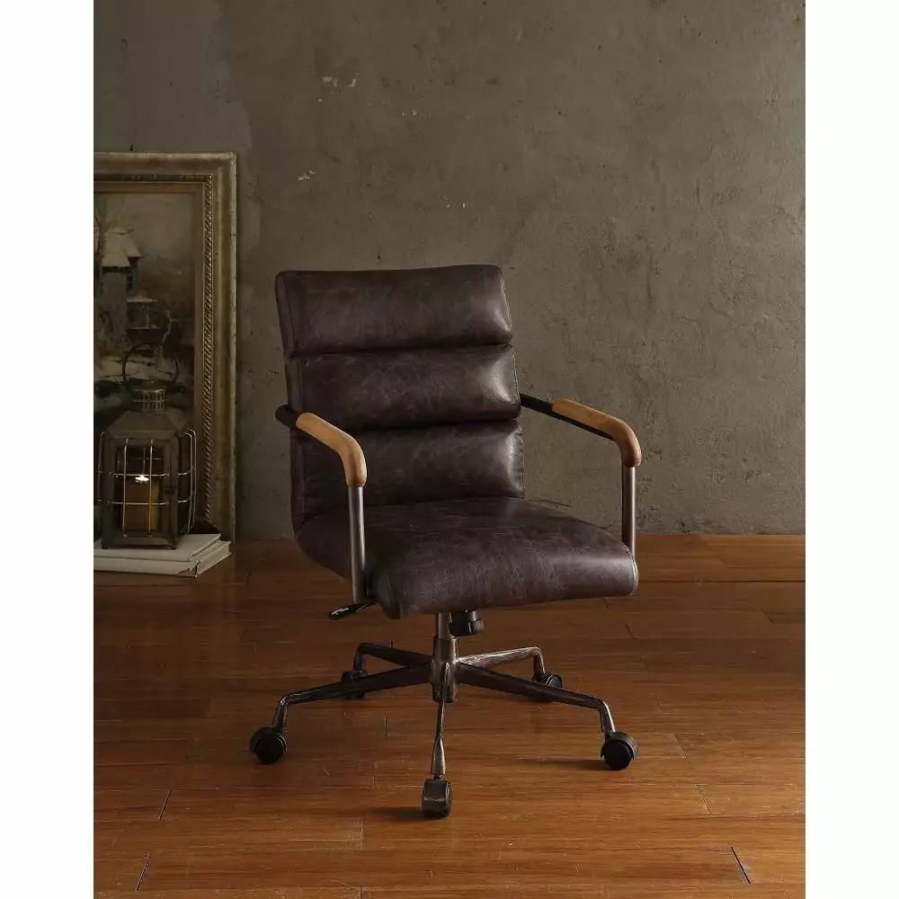 Office Chair Retro Top Grain Leather Executive Office Chair Swivel Seat Adjustable Height Wooden Armrest and Casters Bed B...
