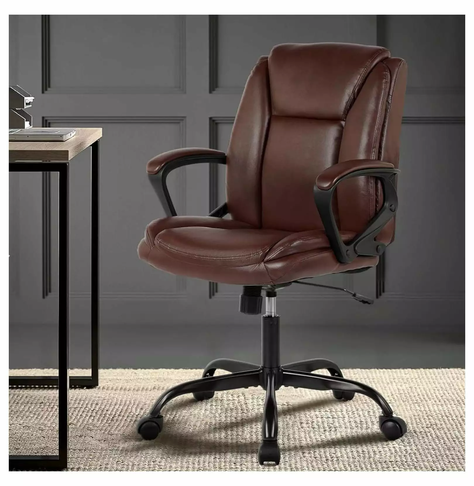 Brown PU Leather Executive Office Chair Thick Back and Adjustable Height Bennium