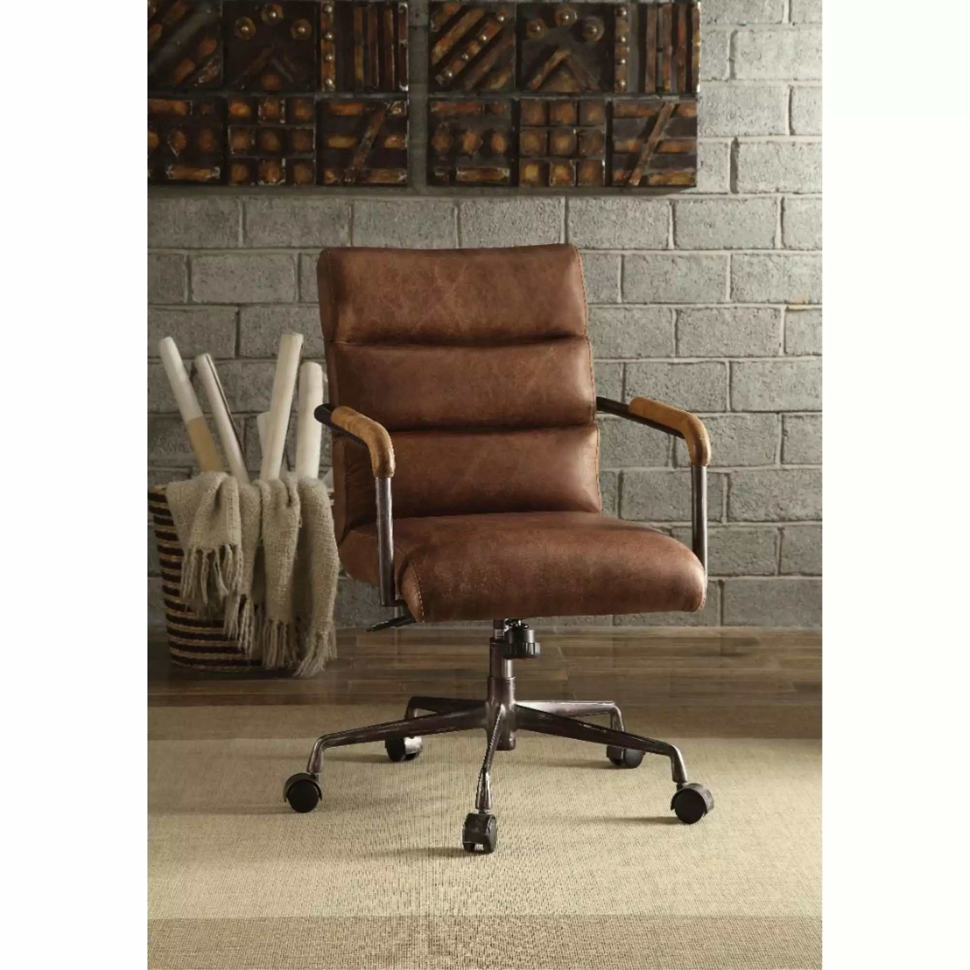 Benjara Metal and Leather Executive Office Chair Antique Retro Brown Finish Benzara