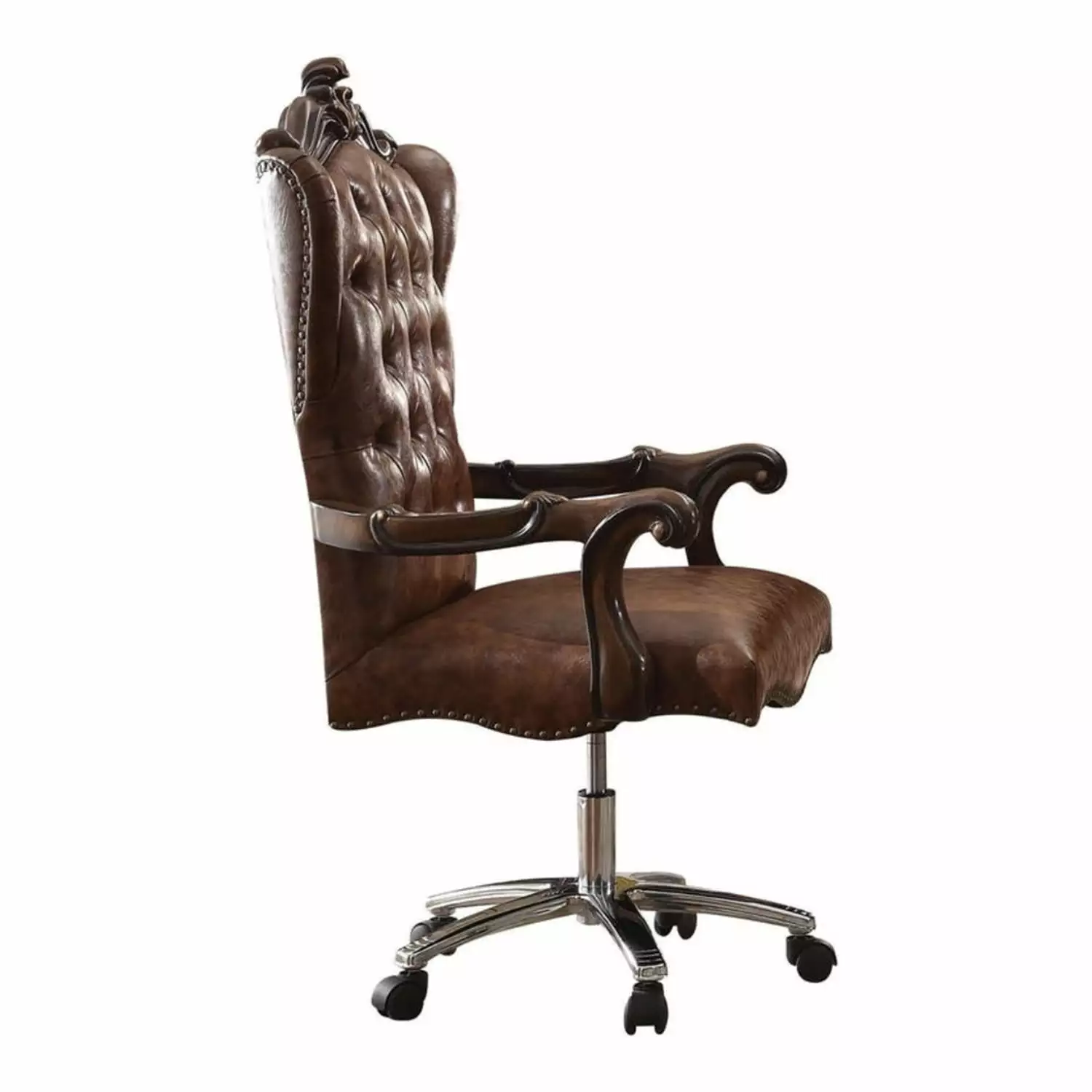 Benzara Faux Leather Upholstered Wooden Executive Chair Swivel Cherry Oak Brown