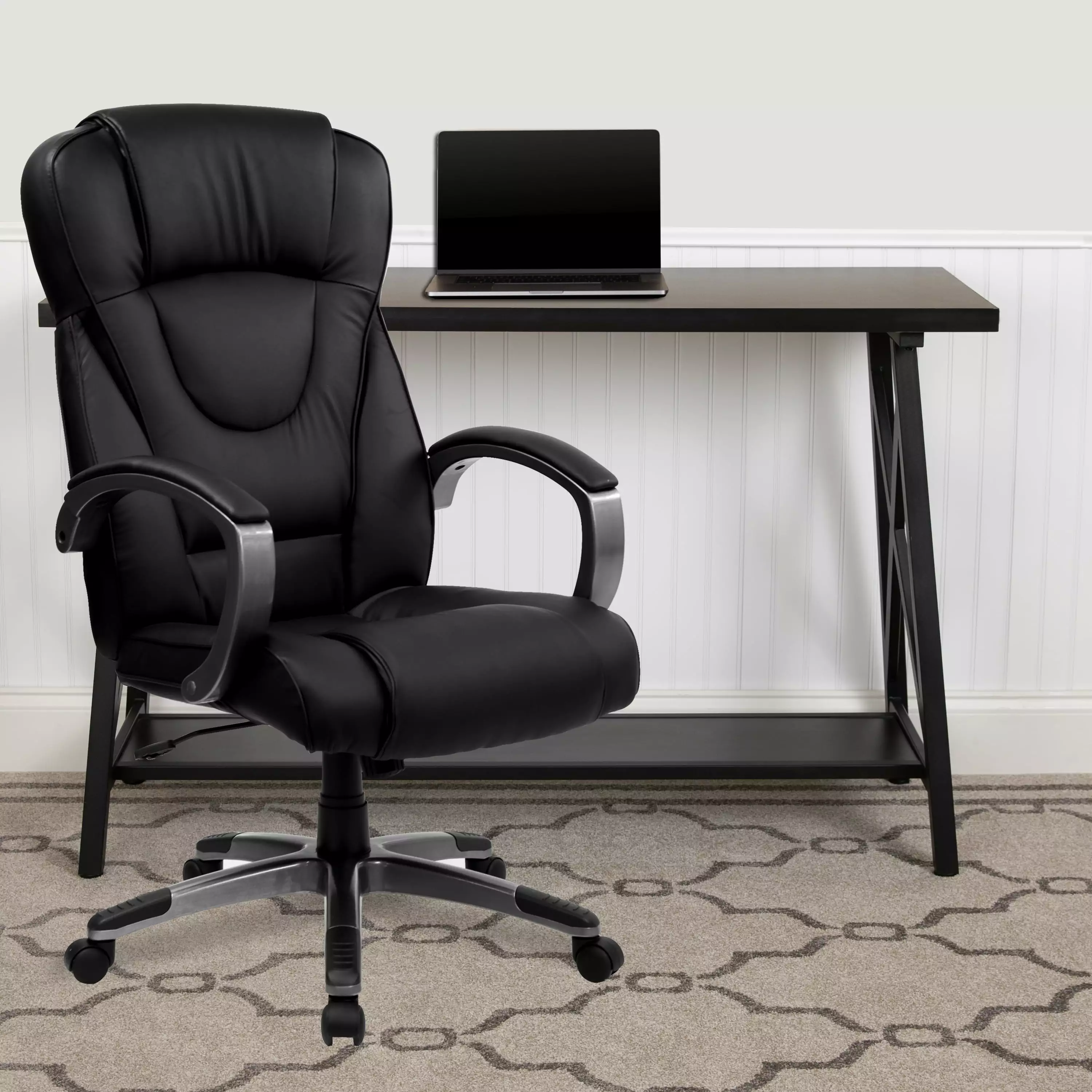 BizChair High Back Black LeatherSoft Executive Swivel Office Chair Titanium Nylon Base and Loop Arms