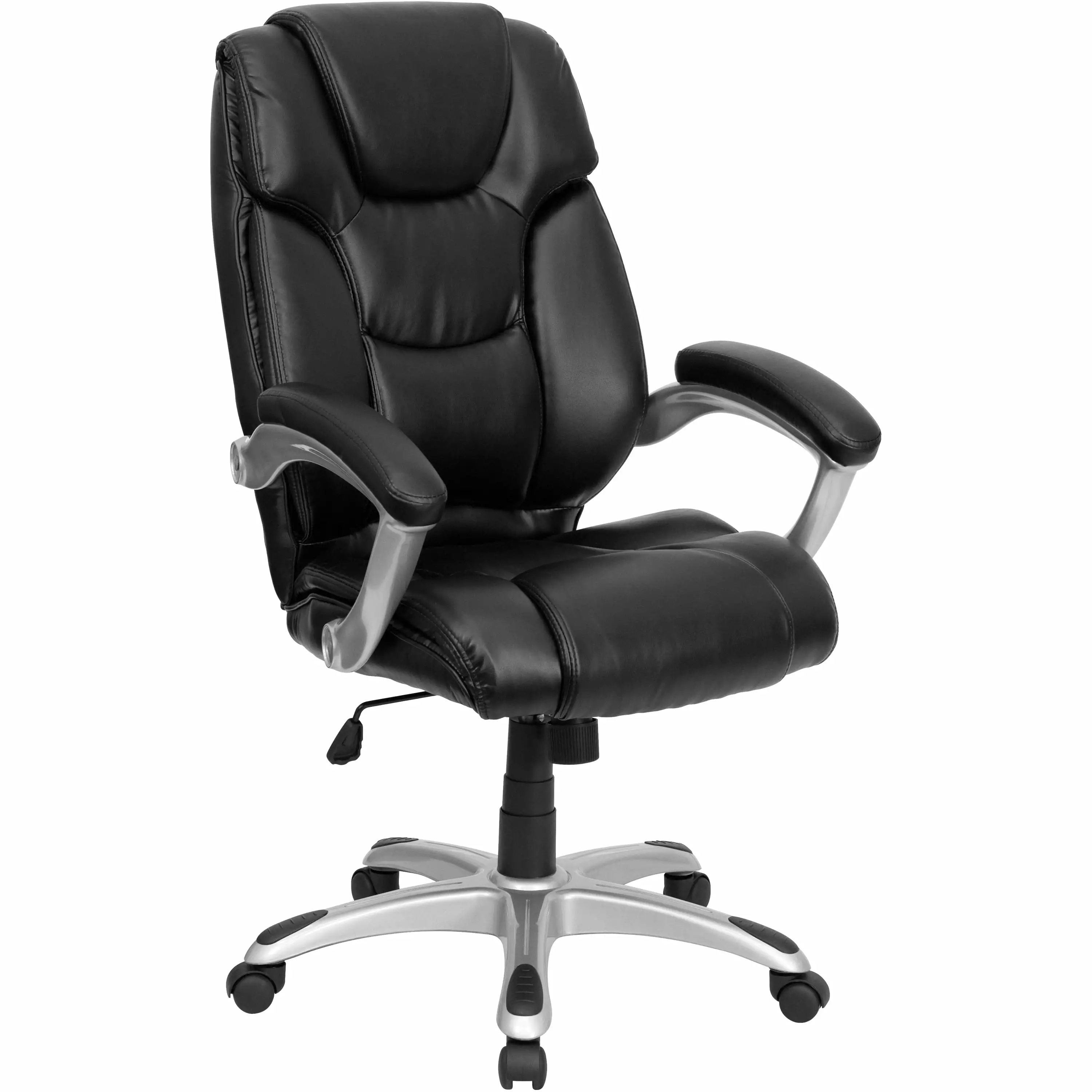 BizChair High Back Black LeatherSoft Executive Office Chair Silver Nylon Base and Ergonomic Design