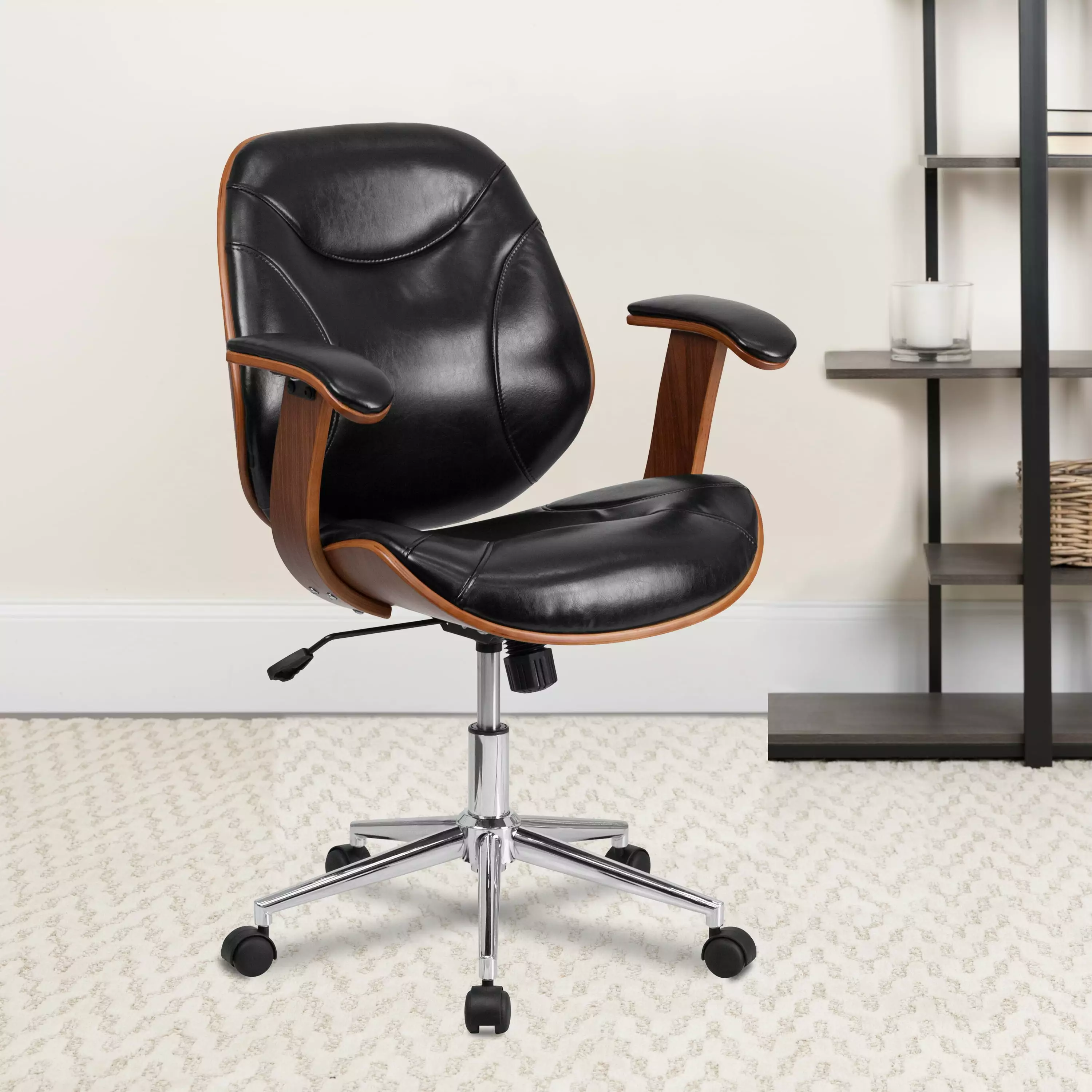 BizChair Mid-Back Black LeatherSoft Executive Ergonomic Wood Swivel Office Chair Arms