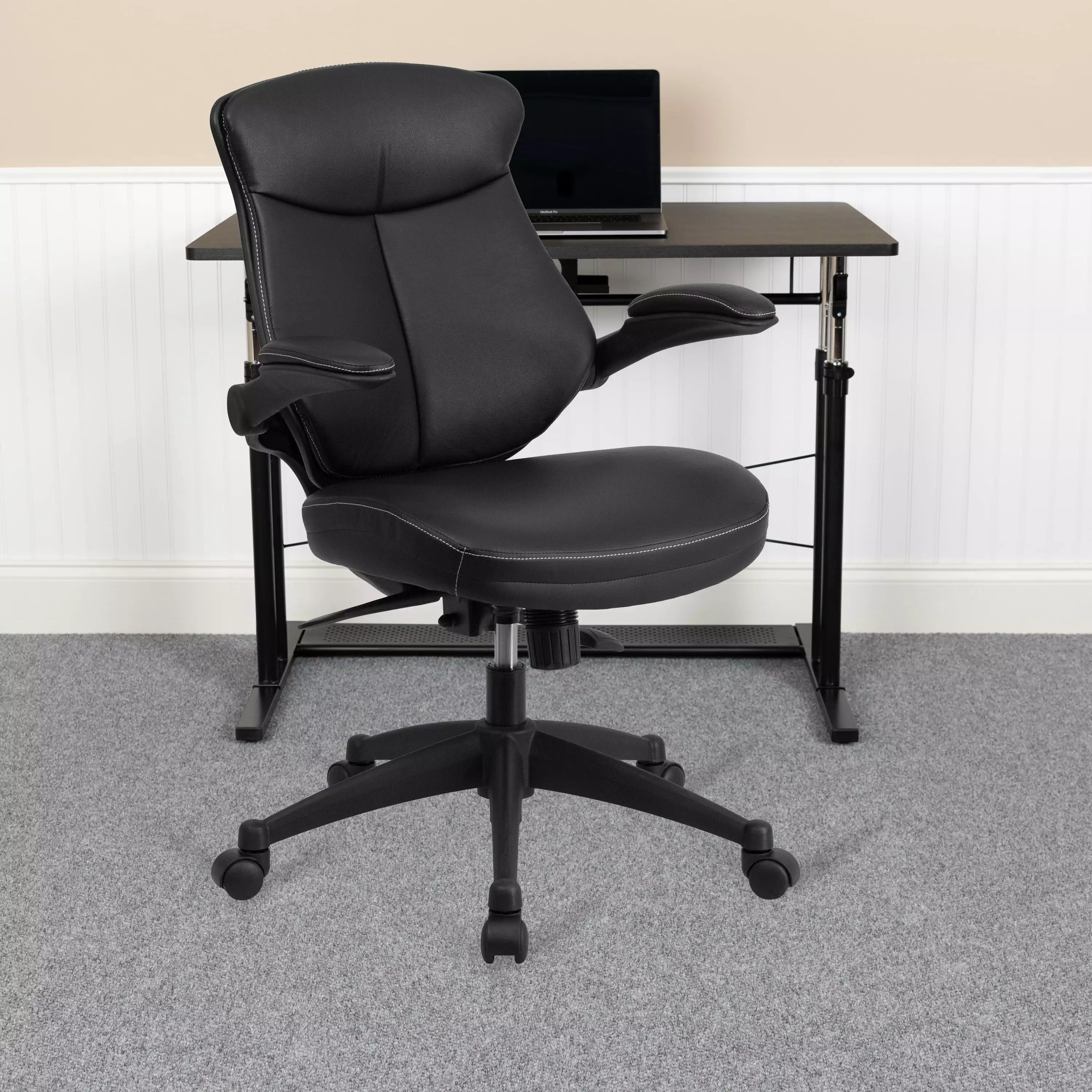 BizChair Mid-Back Black LeatherSoft Executive Office Chair Flip-Up Arms and Back Angle Adjustment
